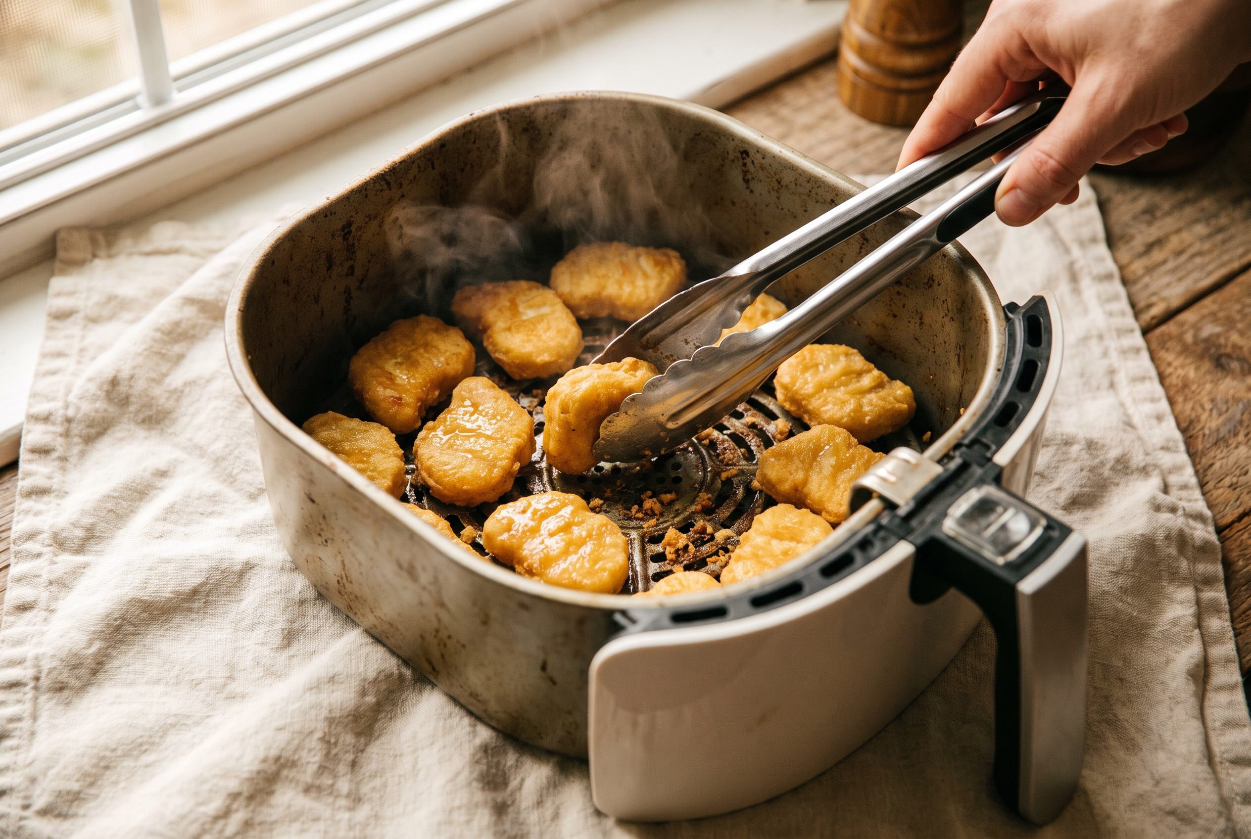 Half-cooked golden chicken nuggets being flipped with tongs in an air fryer basket