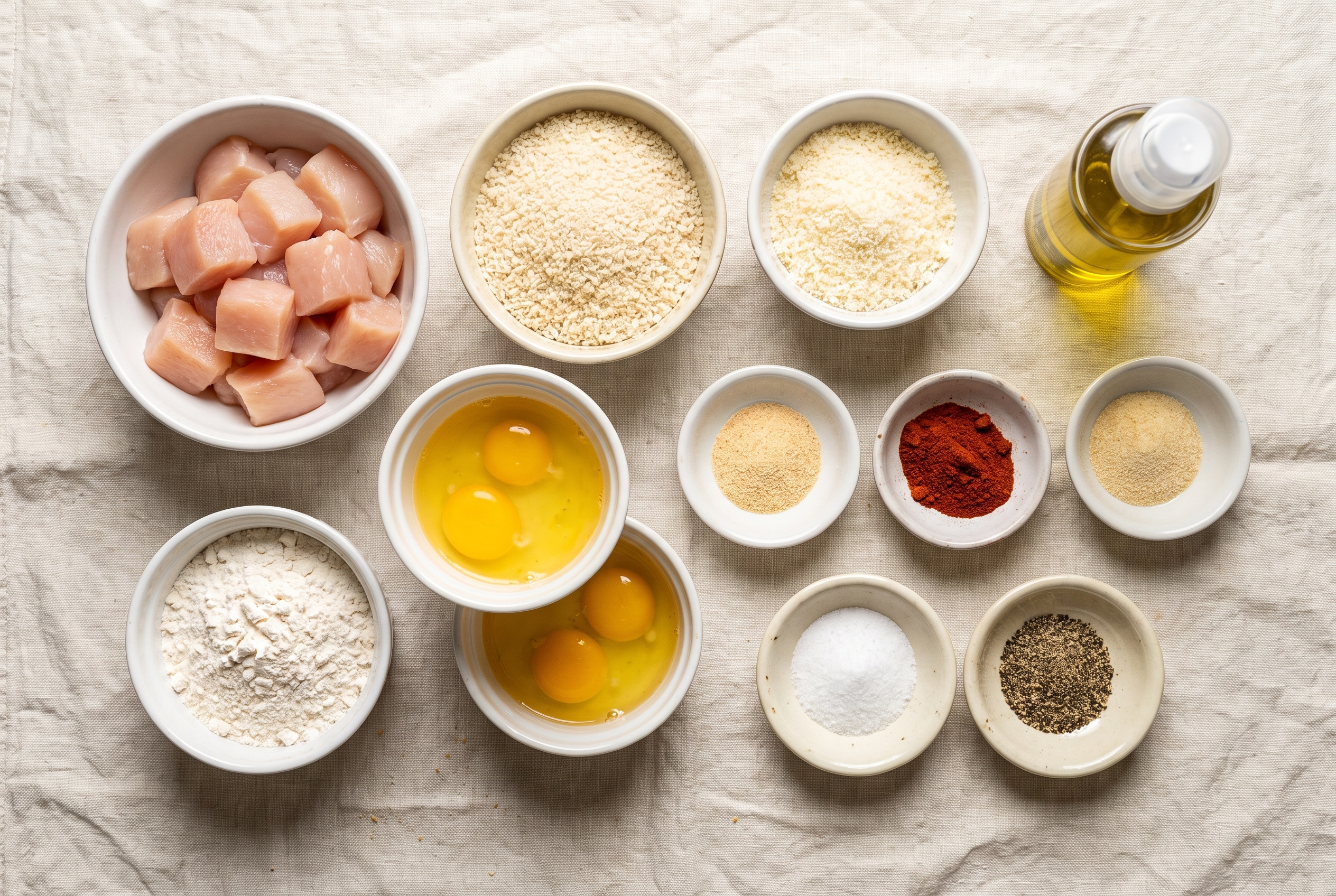 Ingredients for homemade air fryer chicken nuggets in small bowls: cubed raw chicken breast, panko, grated parmesan, flour, two eggs, garlic powder, smoked paprika, onion powder, salt, pepper and olive oil spray