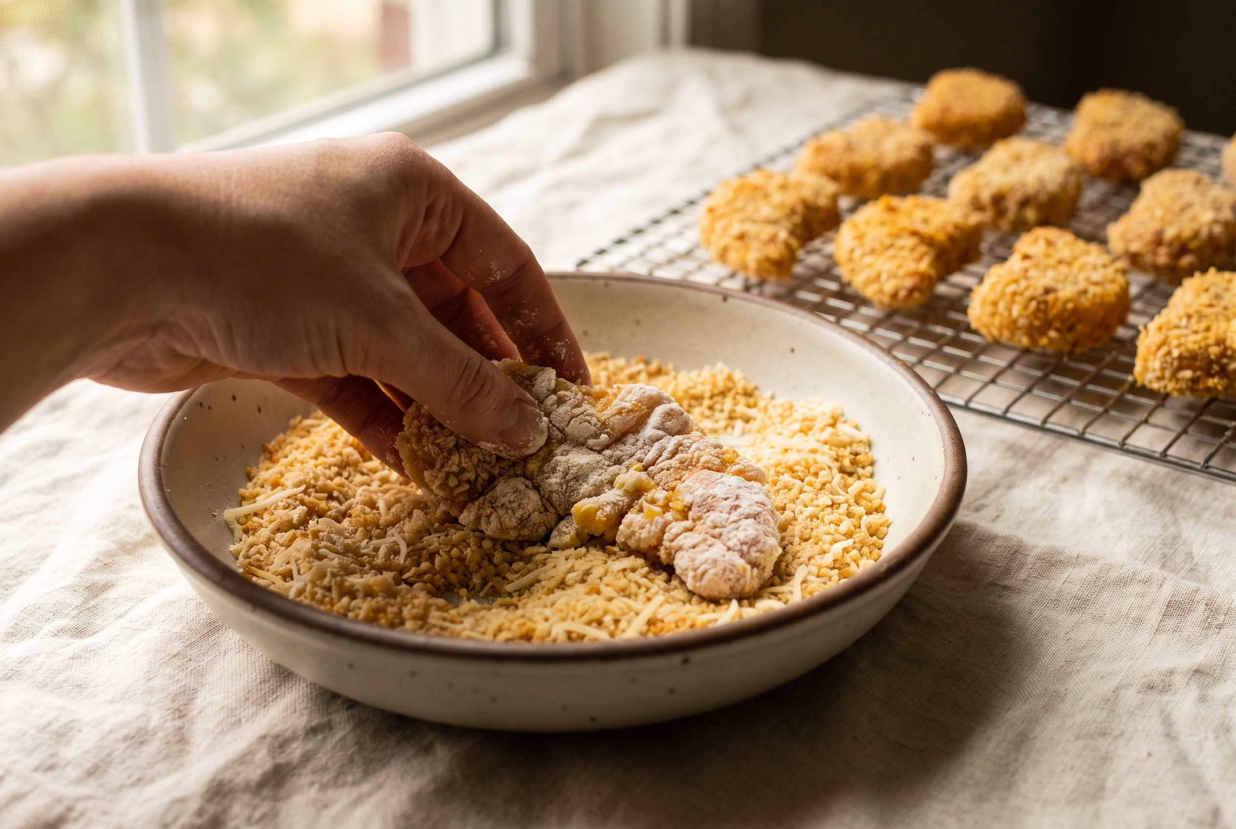 A chicken piece being pressed into golden panko and parmesan breading, with coated nuggets resting on a wire rack behind