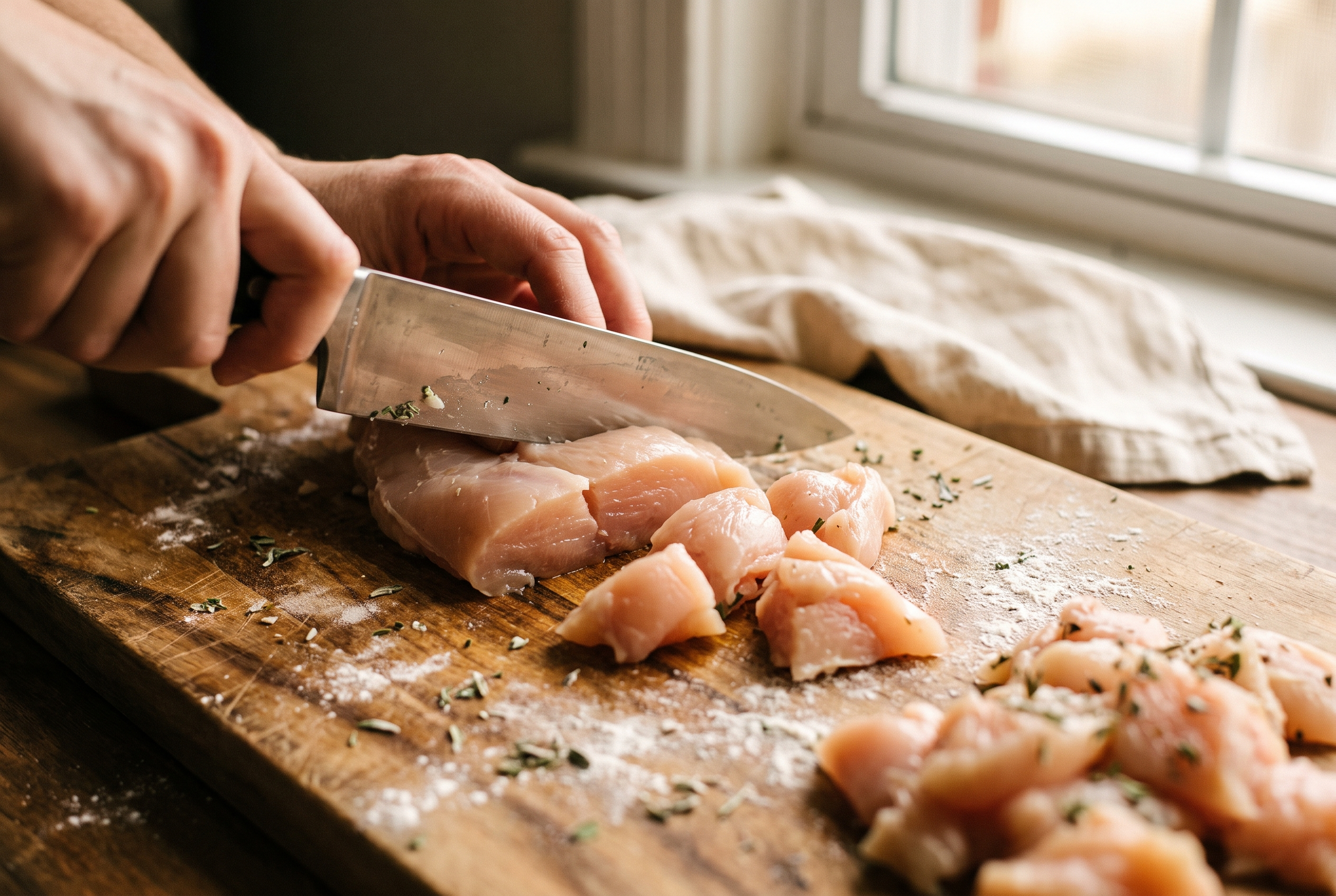 Raw chicken breast being cut into bite-size nugget pieces on a wooden board with a chef's knife