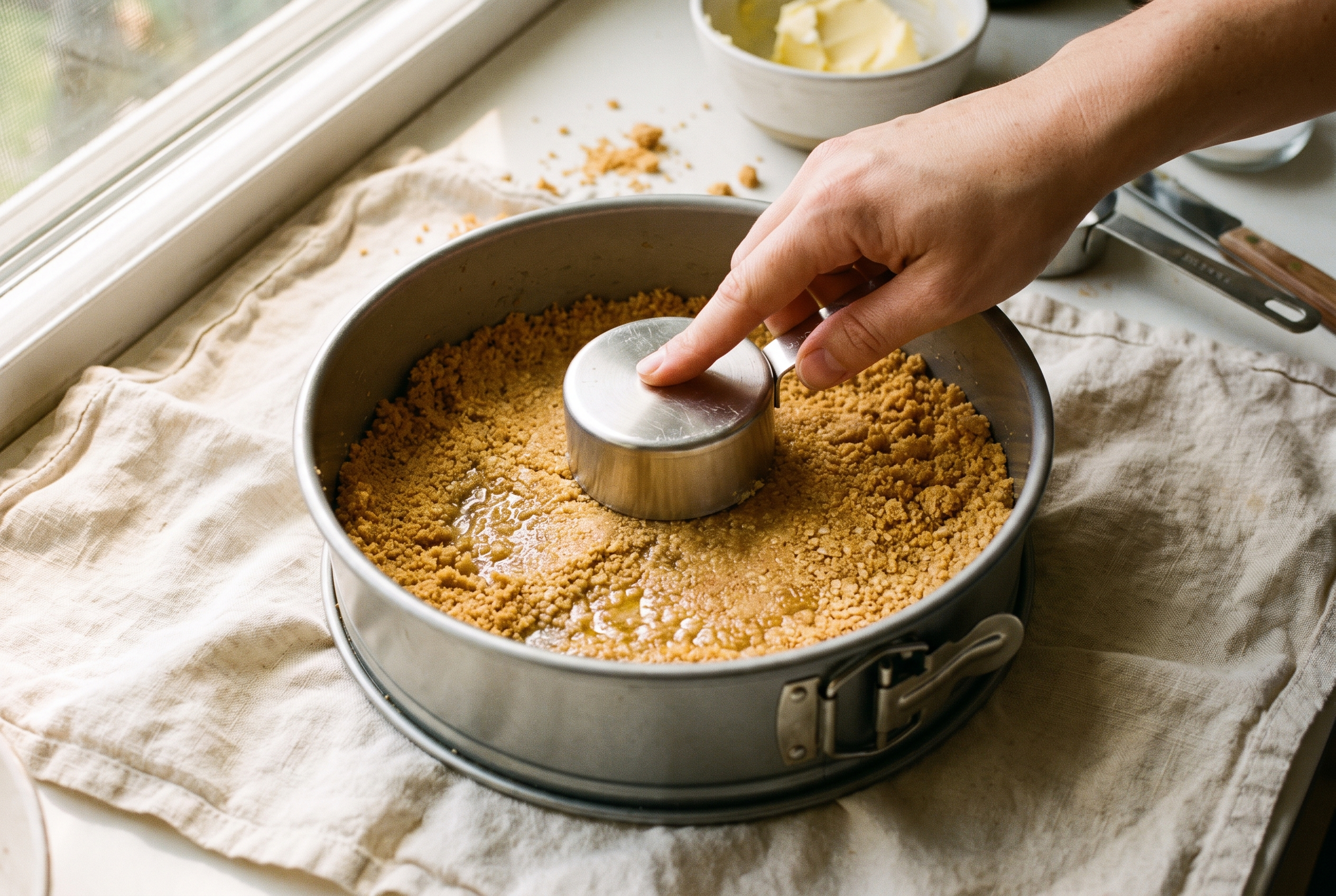 Graham cracker crumbs and melted butter being pressed into a springform pan with the bottom of a measuring cup