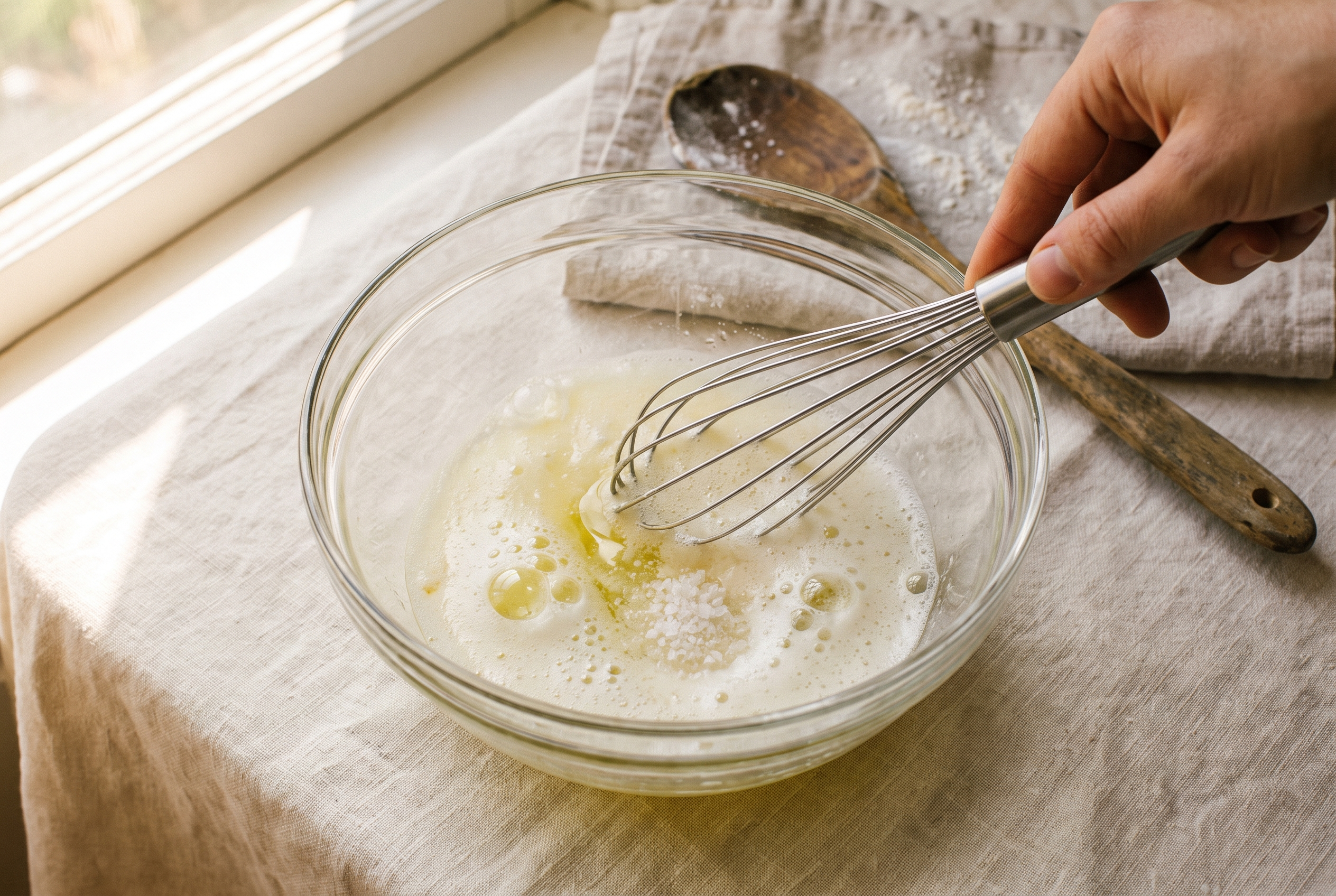 Egg whites being whisked with salt and pepper in a glass bowl until slightly frothy
