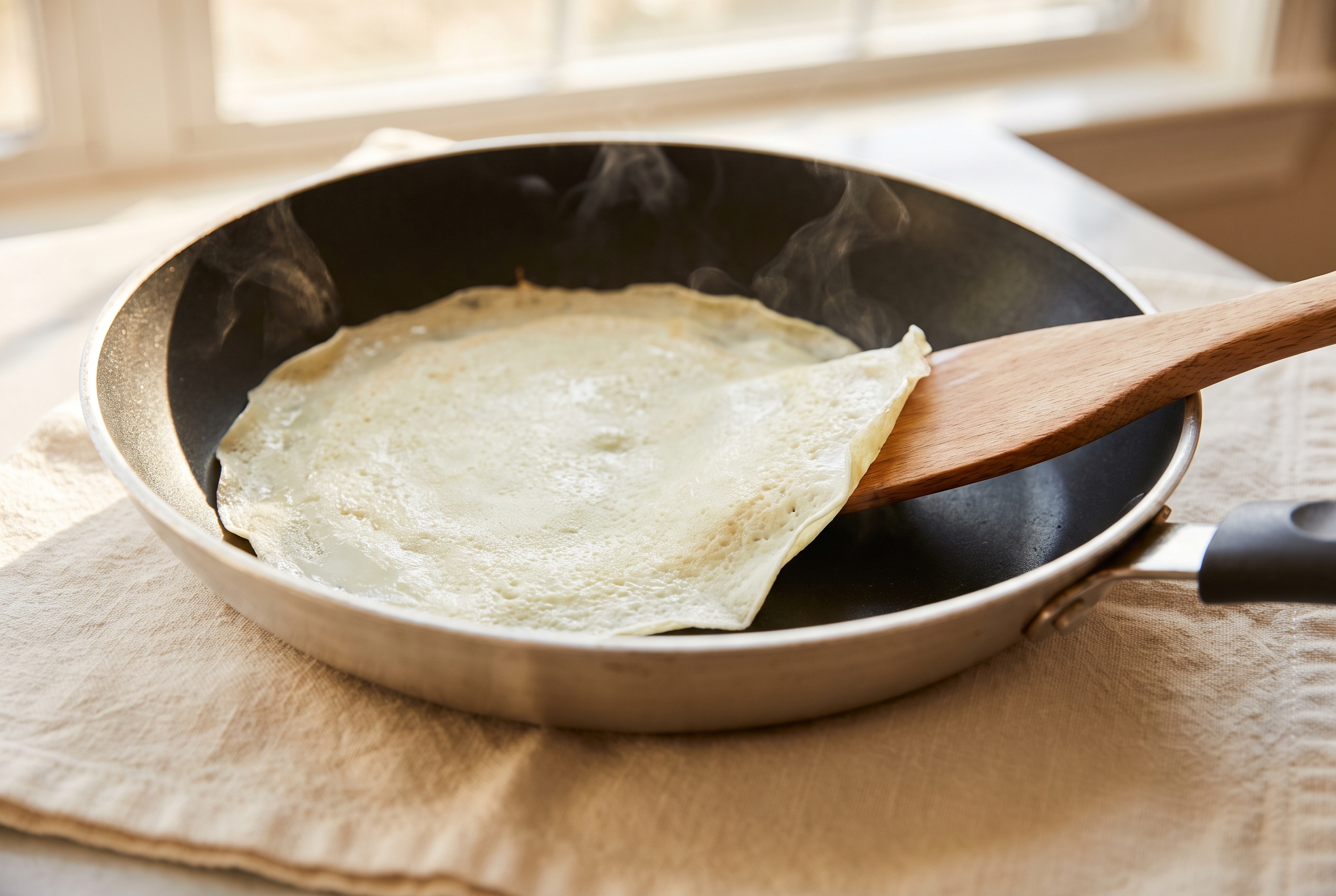A thin round egg white wrap cooking in a nonstick skillet, set like a crepe with edges lifting