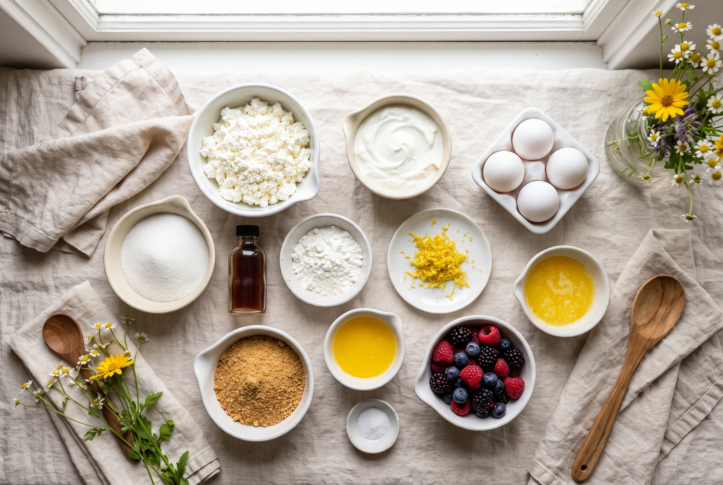 Ingredients for cottage cheese cheesecake in small bowls: full-fat cottage cheese, Greek yogurt, eggs, sugar, vanilla, cornstarch, lemon zest, graham cracker crumbs, melted butter and fresh berries