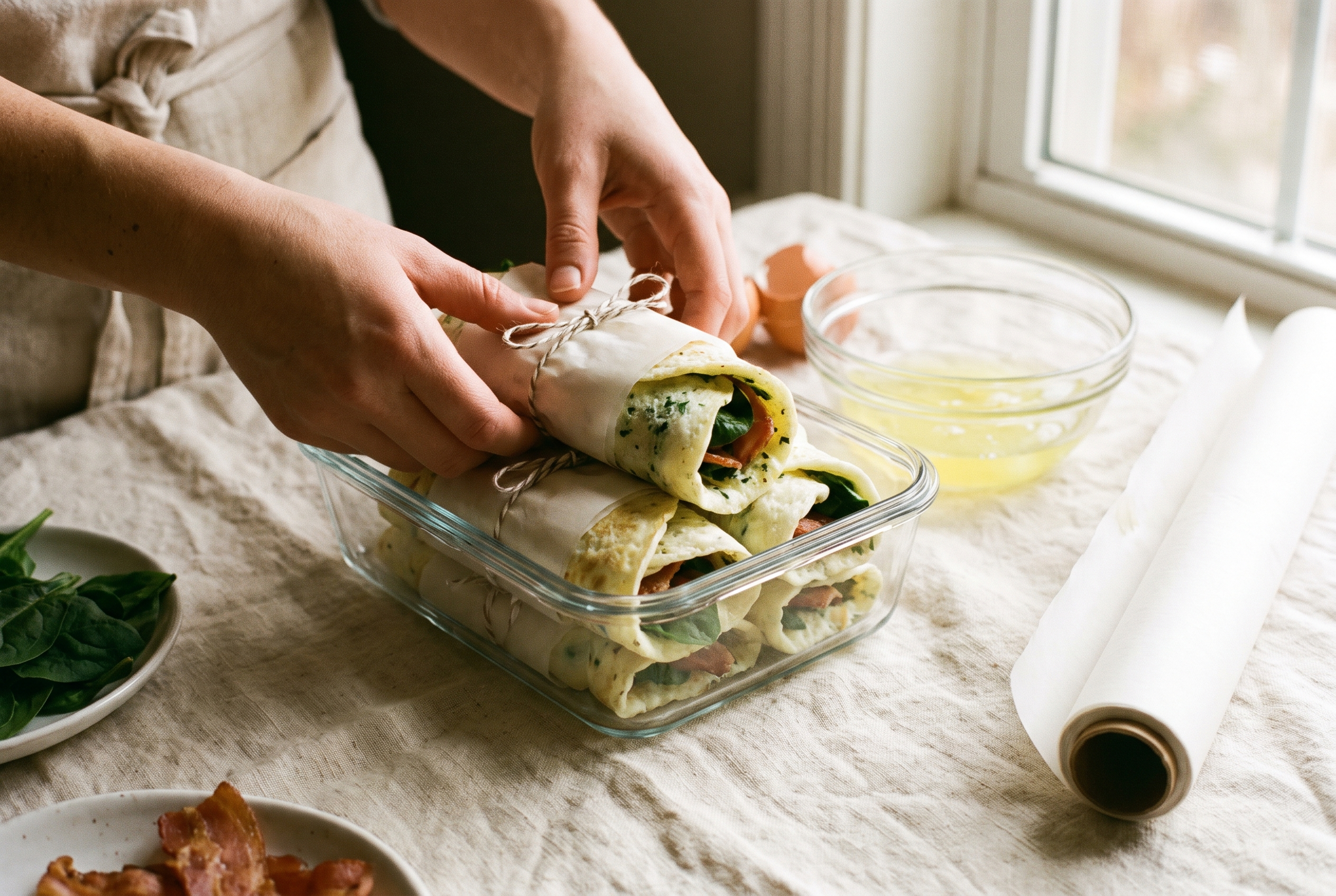 Rolled egg white breakfast wraps being wrapped in parchment paper and stacked in a glass meal prep container