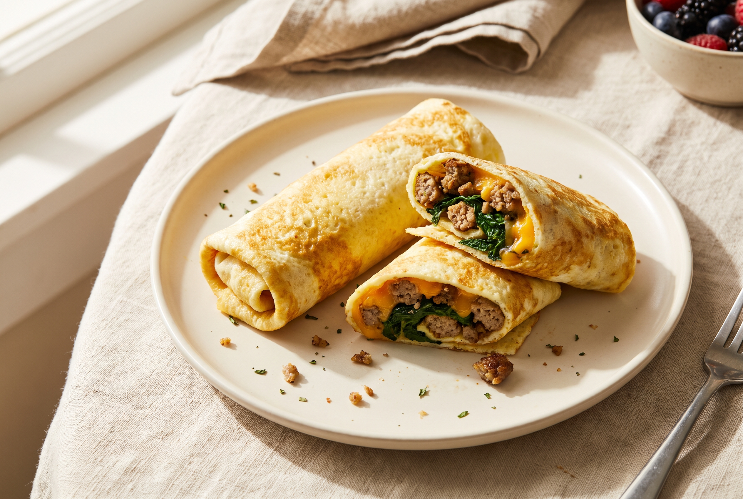 High protein egg white breakfast wraps rolled around turkey sausage, spinach and melted cheddar, one sliced to show the filling, on a cream plate