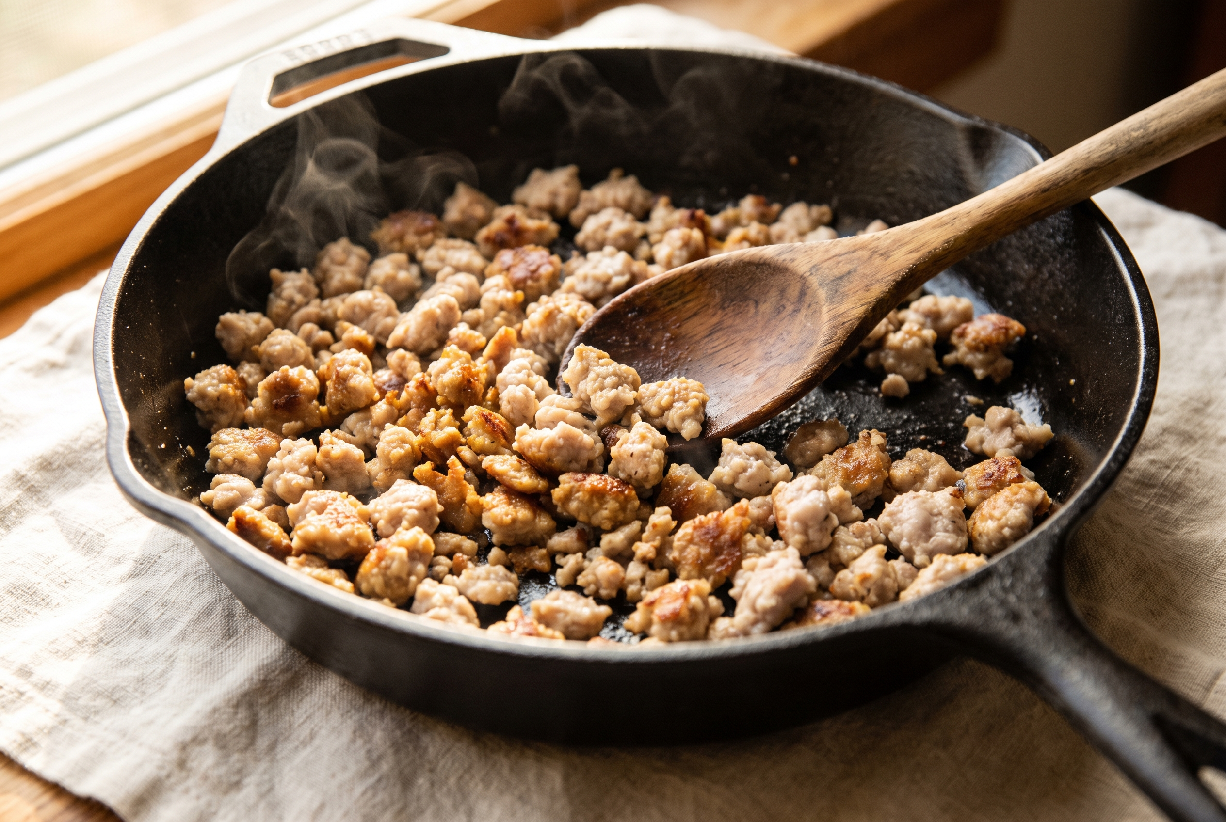 Turkey breakfast sausage crumbles browning in a skillet with a wooden spoon