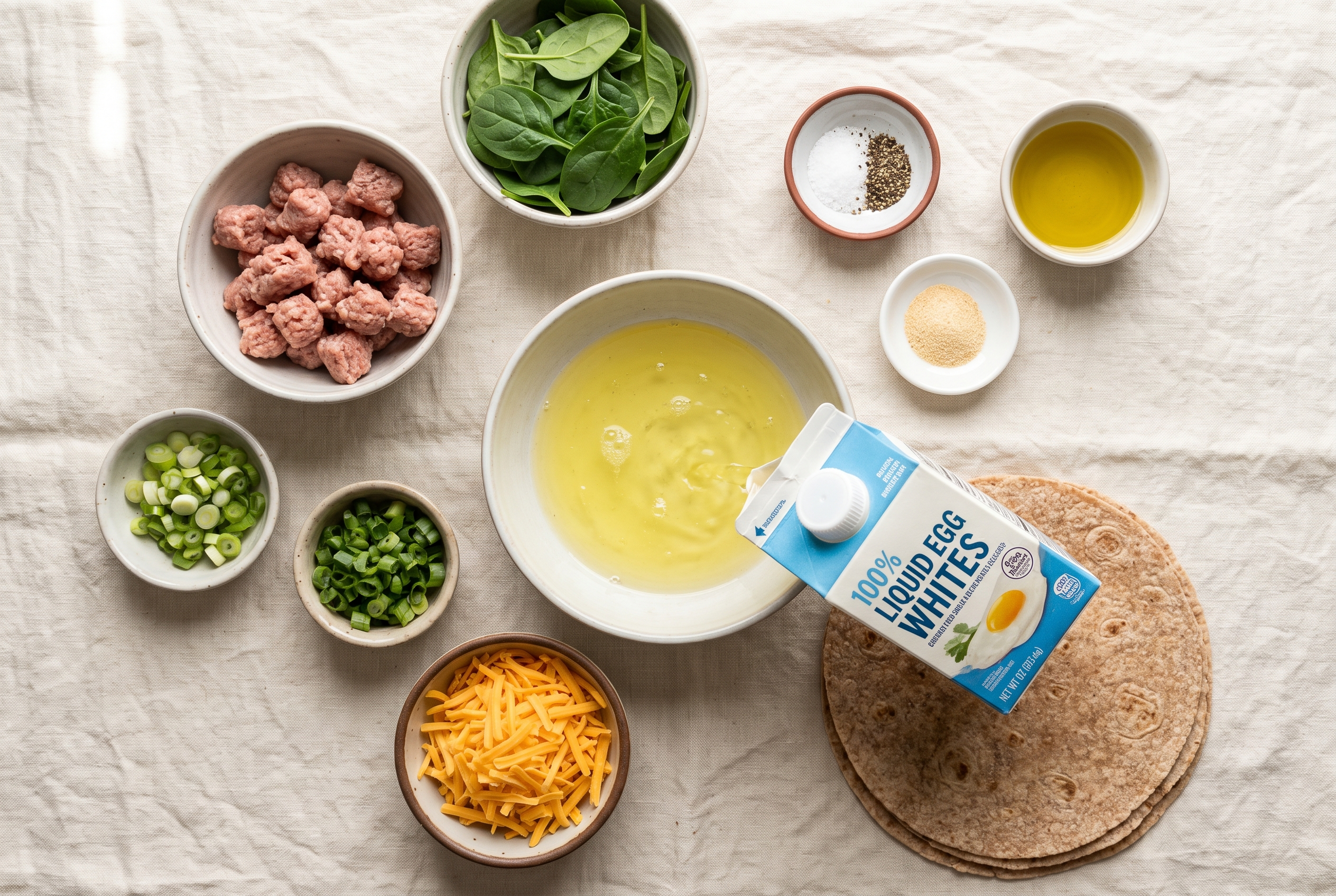 Ingredients for egg white breakfast wraps in small bowls: liquid egg whites, raw turkey breakfast sausage, baby spinach, shredded cheddar, sliced green onion, garlic powder, salt, pepper and olive oil