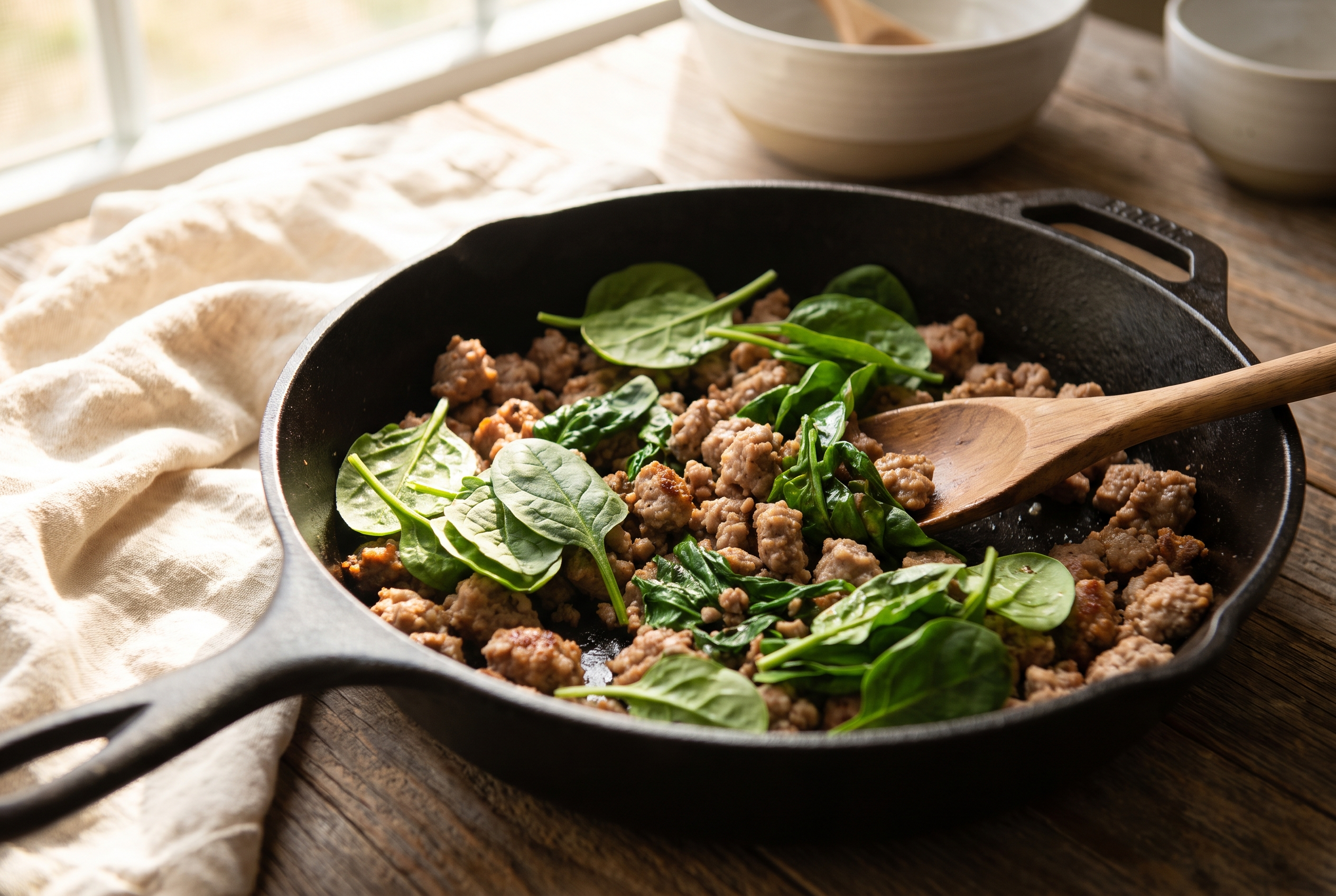 Fresh baby spinach wilting into browned turkey sausage crumbles in a skillet