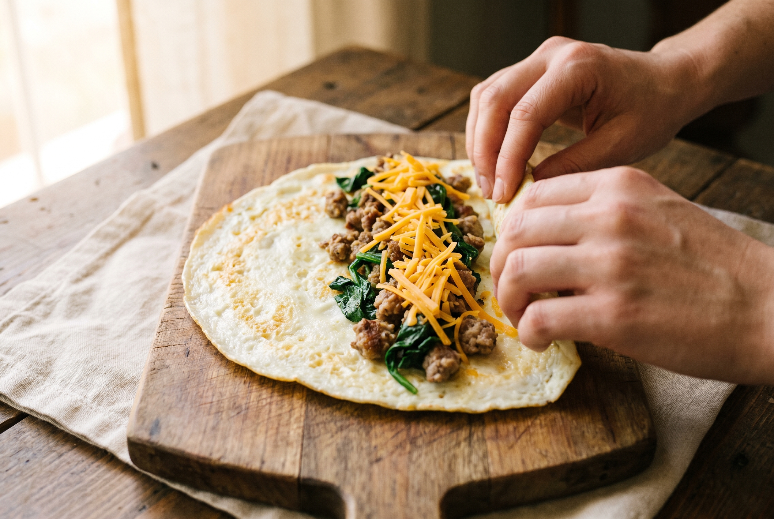 A cooked egg white wrap on a board being filled with turkey sausage, spinach and shredded cheddar, ready to roll