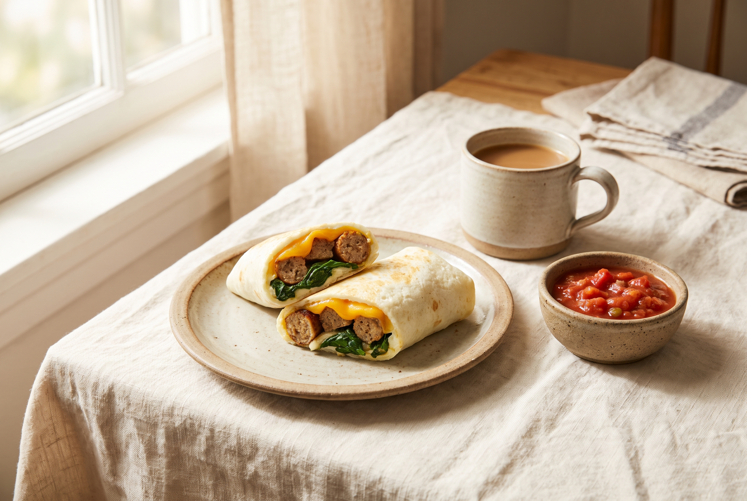 An egg white breakfast wrap sliced diagonally showing turkey sausage, spinach and melted cheddar, with salsa and a cup of coffee