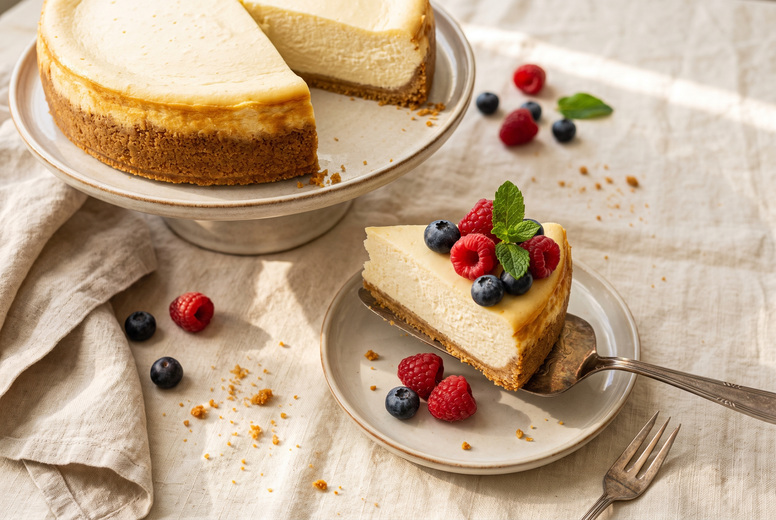 High protein cottage cheese cheesecake with a thin graham crust on a cream cake stand, one slice cut, topped with fresh raspberries and blueberries