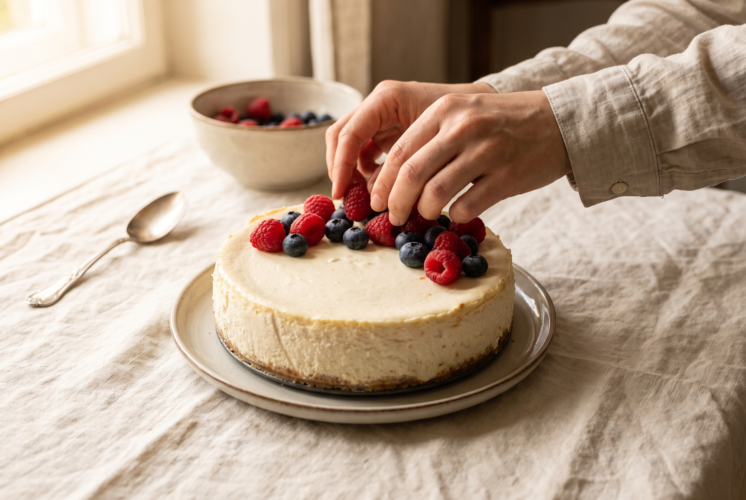 A chilled cottage cheese cheesecake with the springform ring removed, being topped with fresh raspberries and blueberries