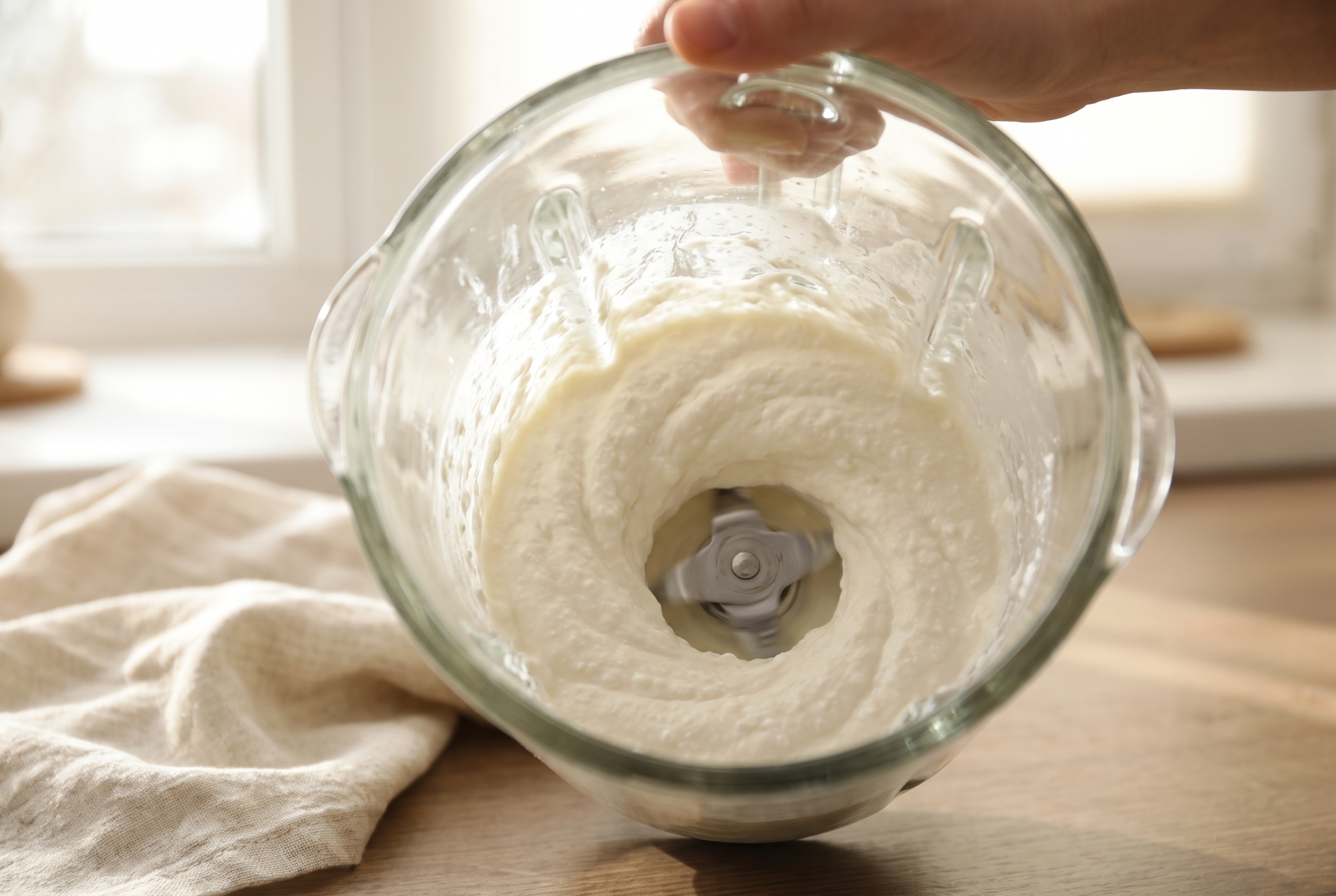 Full-fat cottage cheese being blended completely smooth in a blender