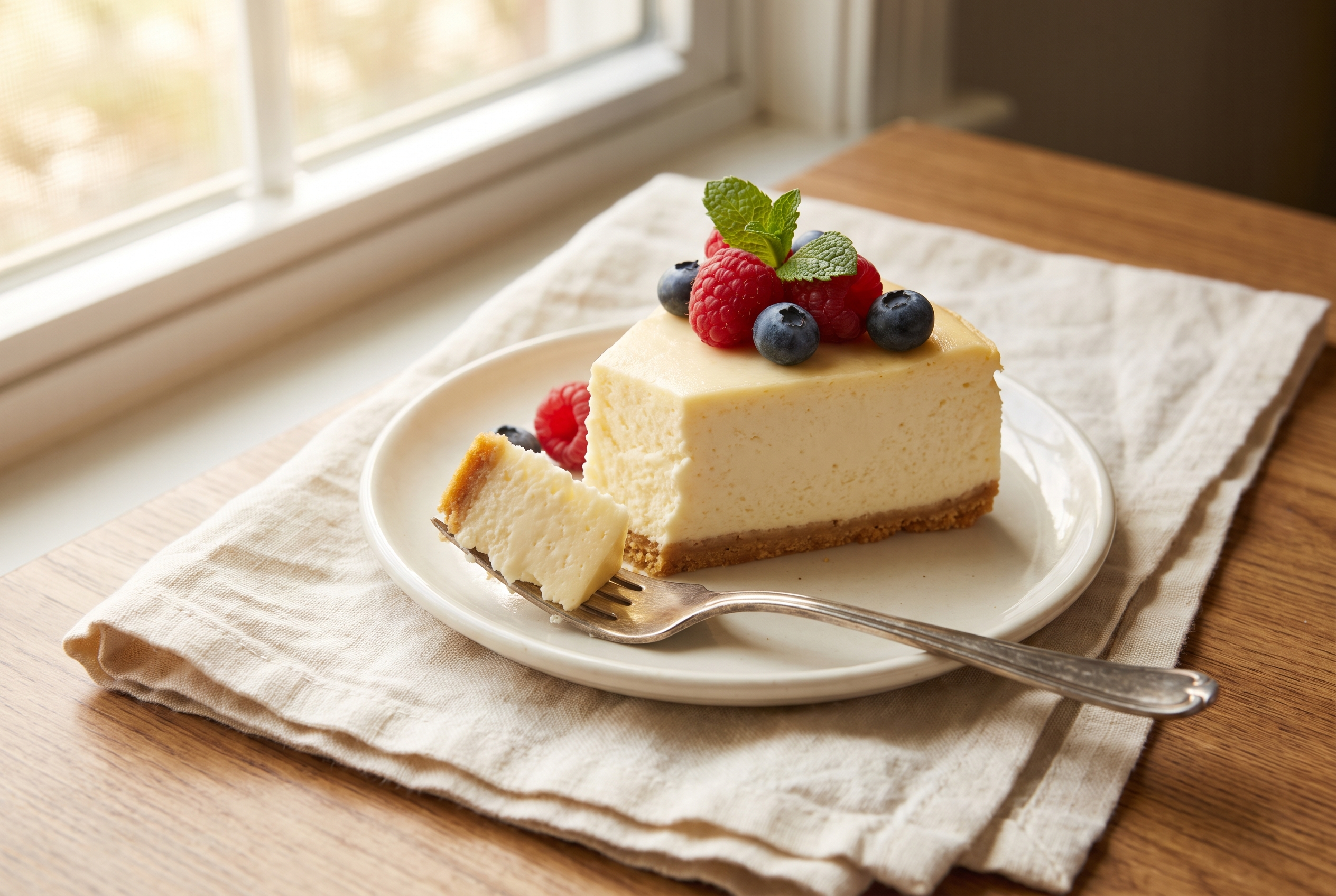 A slice of high protein cottage cheese cheesecake on a small cream plate with berries, creamy interior and thin graham crust visible