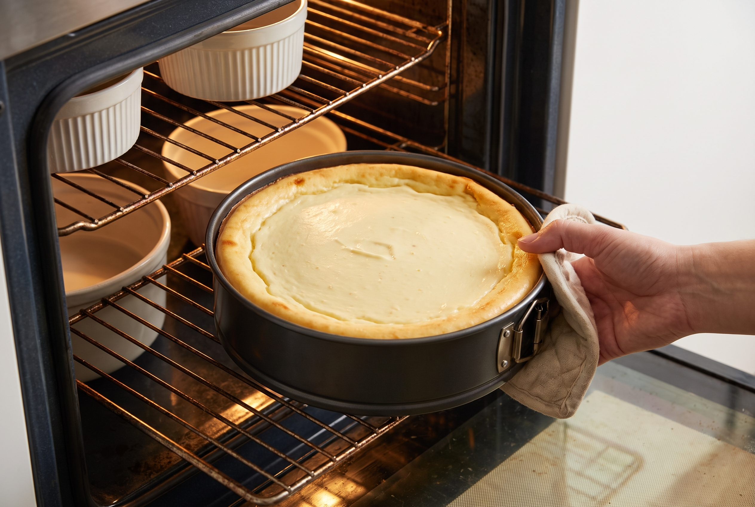 A cottage cheese cheesecake in the oven, top set with a pale golden edge and a slight wobble in the center