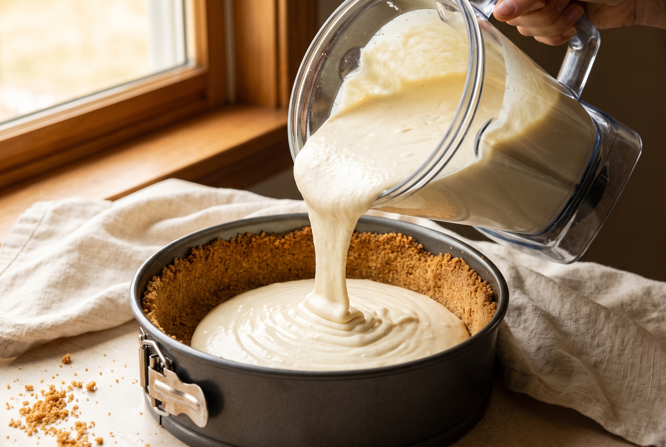 Smooth cottage cheese cheesecake batter being poured from a blender into a springform pan over a graham crust