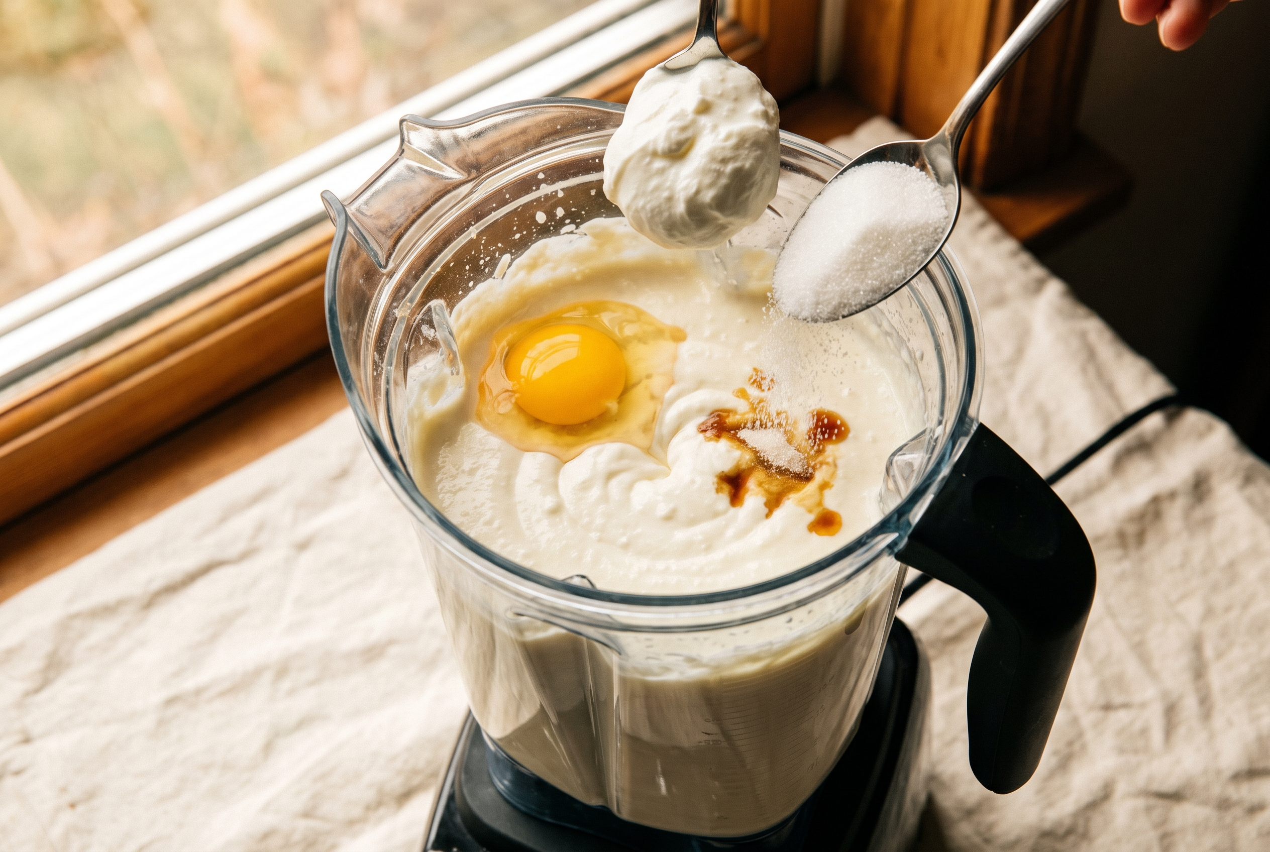 Eggs, Greek yogurt, sugar and vanilla being added to smooth cottage cheese batter in a blender