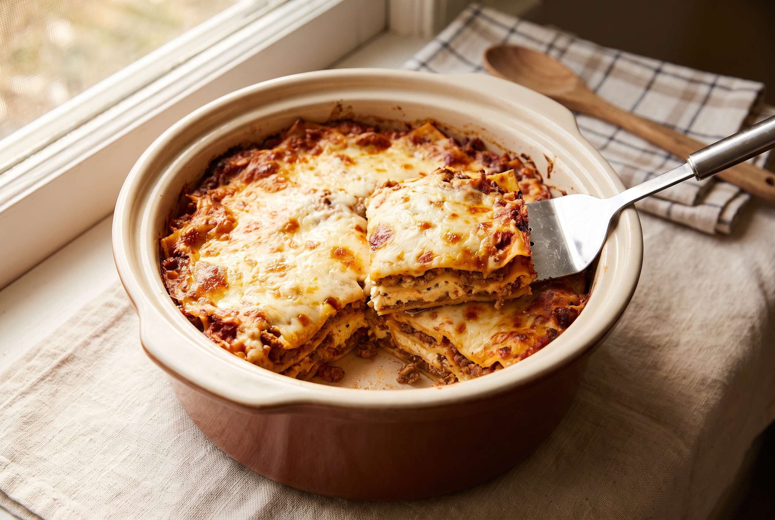 A finished crockpot lasagna resting in the slow cooker with the lid off, a spatula lifting the first square slice out to show clean layers