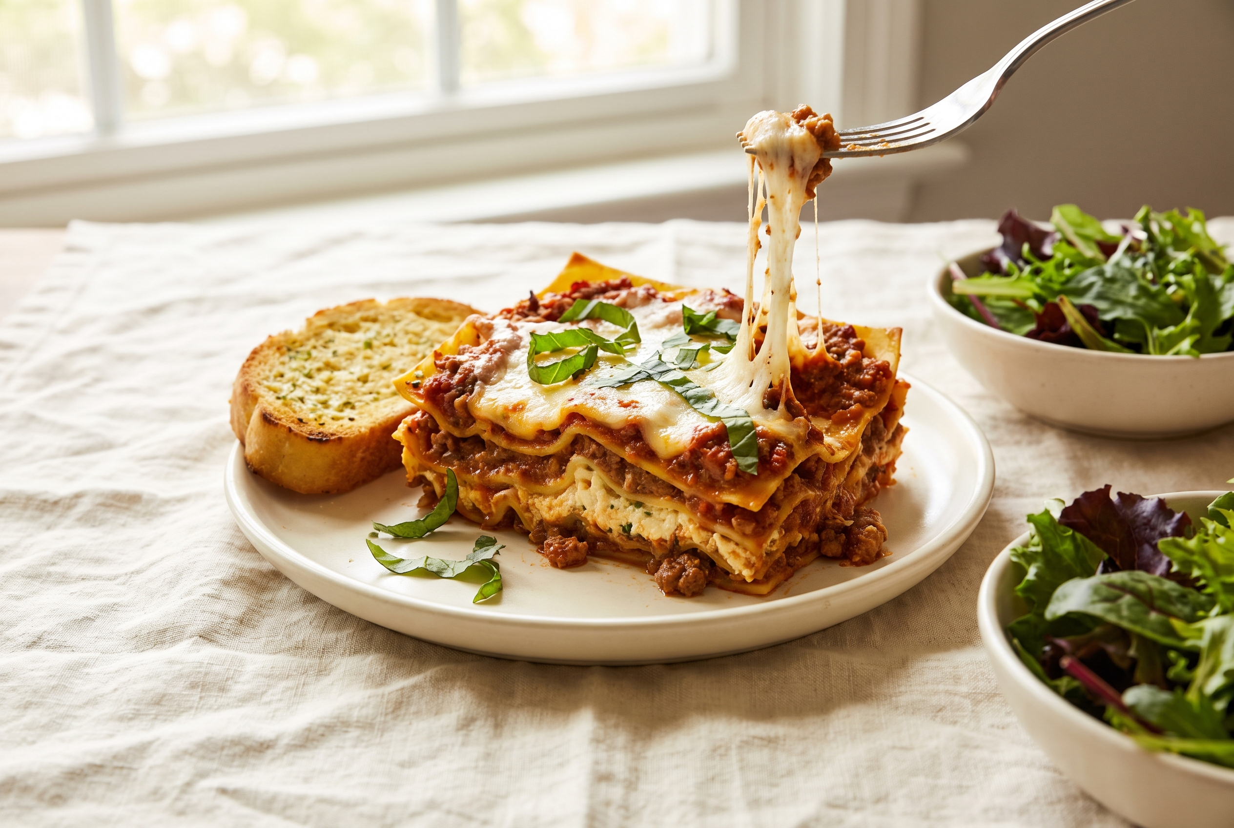 A slice of crockpot lasagna on a cream plate with visible noodle, meat sauce and ricotta layers, a mozzarella pull and torn basil, with garlic bread and a small salad