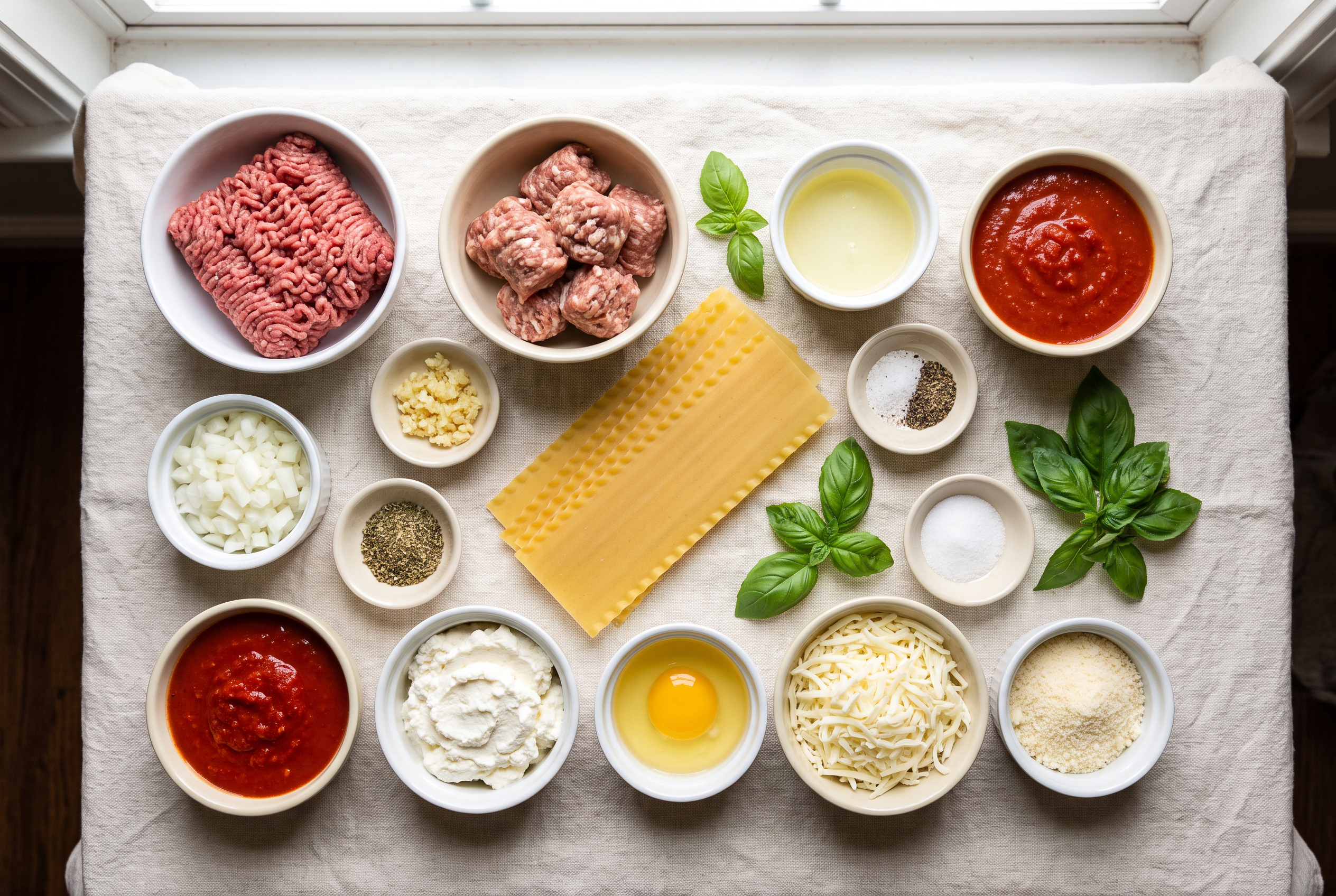 Ingredients for crockpot lasagna in small bowls: ground beef, Italian sausage, diced onion, garlic, marinara, crushed tomatoes, ricotta, an egg, shredded mozzarella, grated parmesan, dry lasagna noodles, Italian seasoning and fresh basil