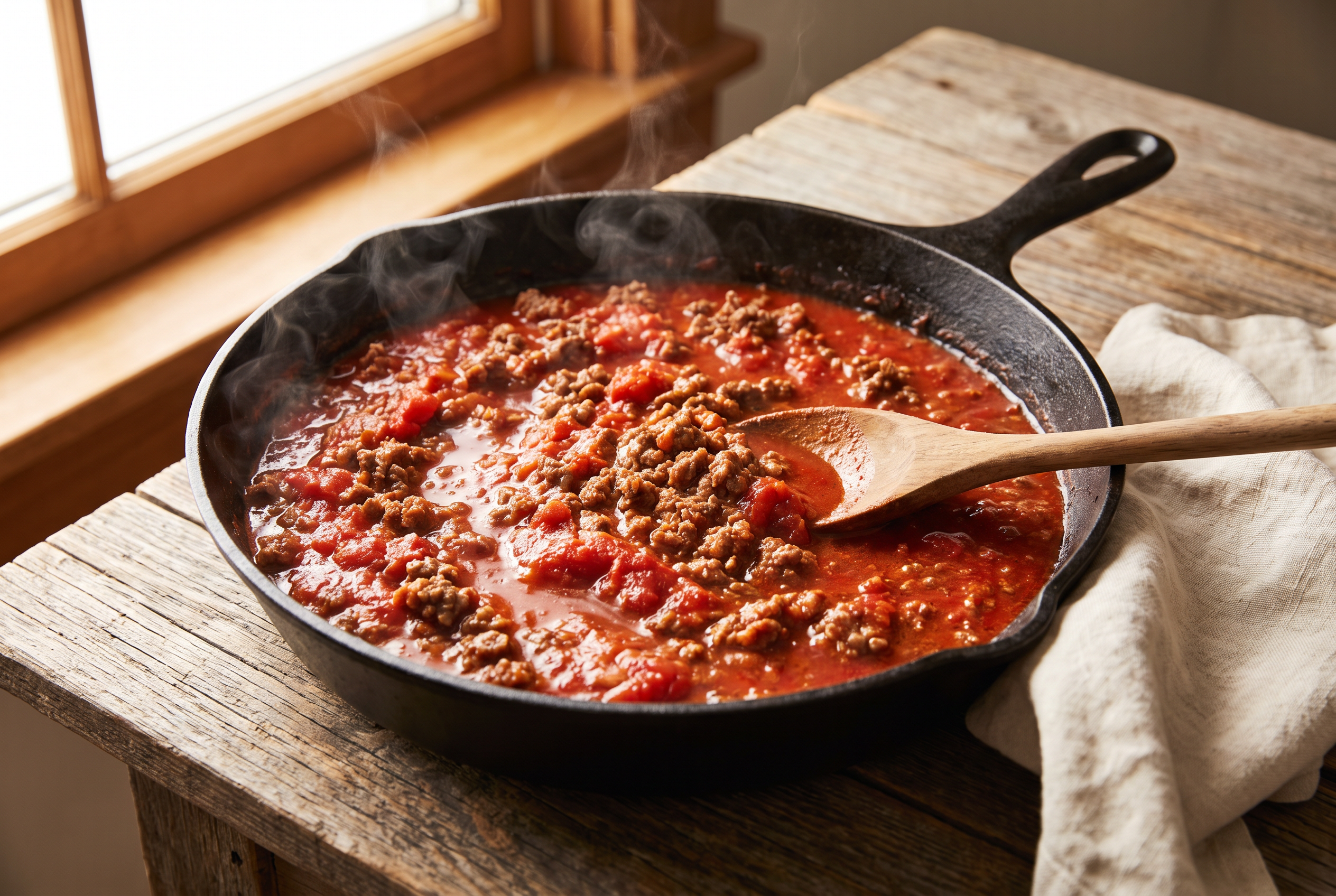Marinara and crushed tomatoes being stirred into browned beef and sausage in a skillet to make a thick red meat sauce