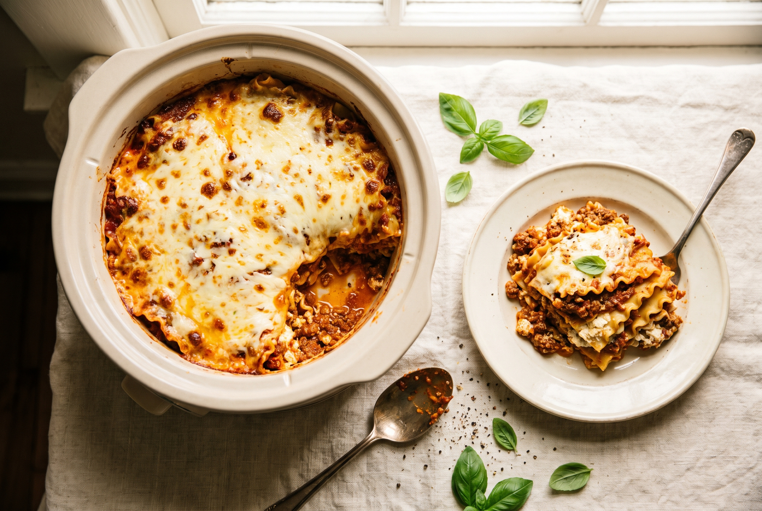 Crockpot lasagna in a slow cooker with melted golden mozzarella on top and a square slice lifted onto a cream plate showing the noodle, meat sauce and ricotta layers