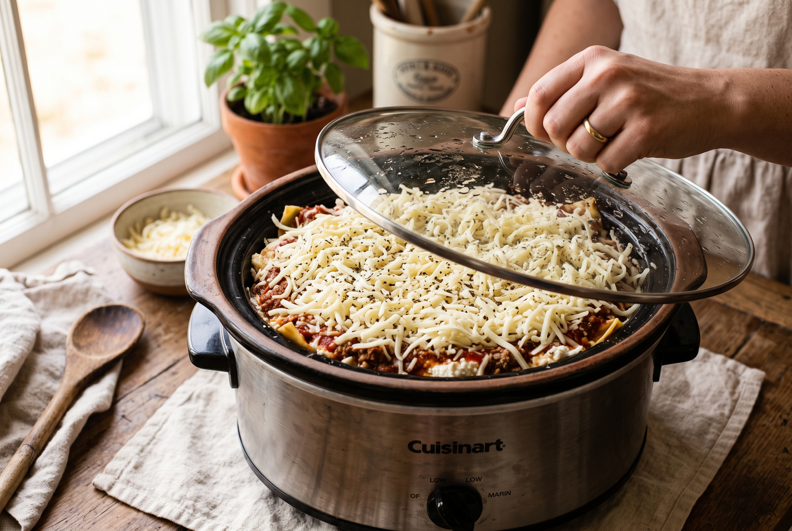 The top of a crockpot lasagna covered with a thick layer of shredded mozzarella inside a slow cooker, with the glass lid being placed on