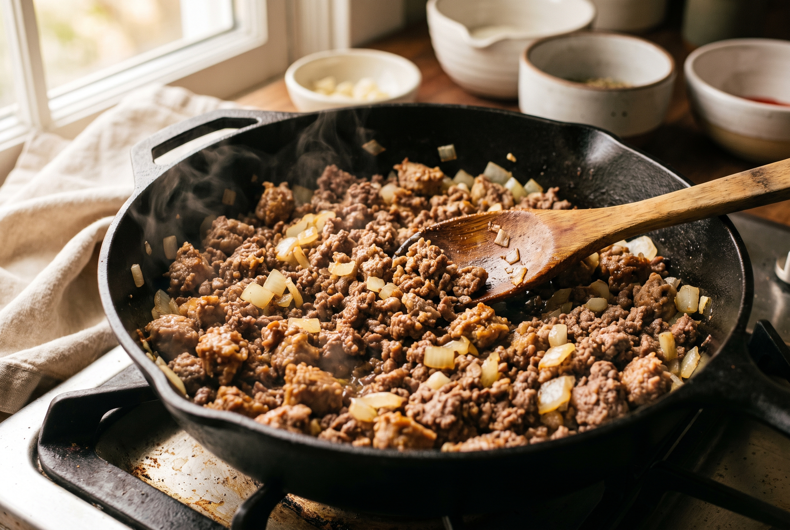Ground beef and Italian sausage browning with diced onion and garlic in a skillet, broken into crumbles with a wooden spoon