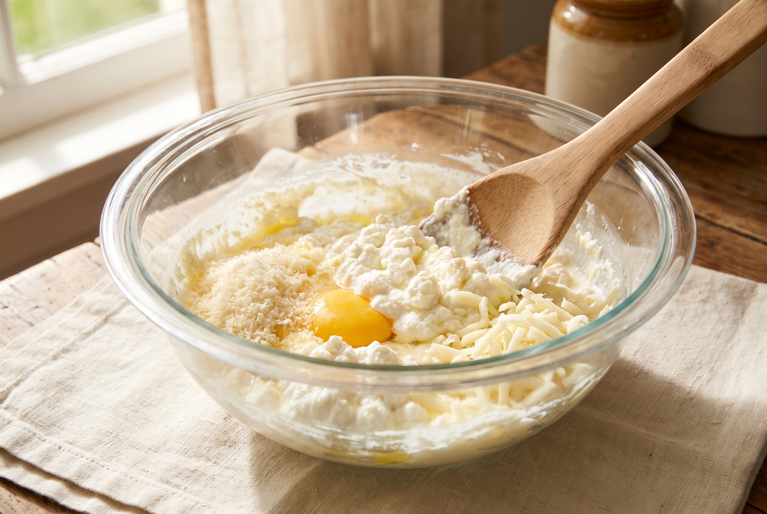 Ricotta, an egg, grated parmesan and shredded mozzarella being mixed into a creamy filling in a glass bowl