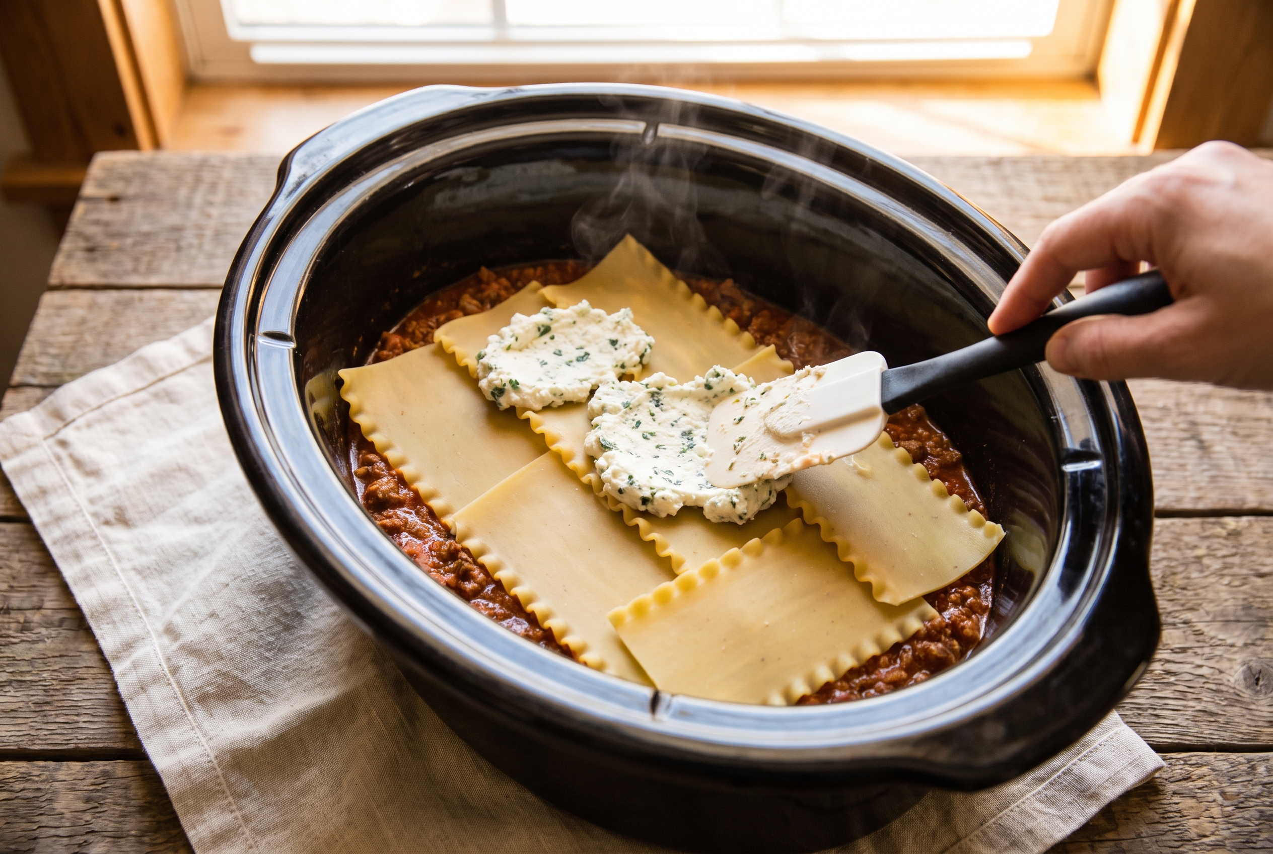 Layering crockpot lasagna in an oval slow cooker: dry lasagna noodles broken to fit over meat sauce, with dollops of ricotta filling spread on top