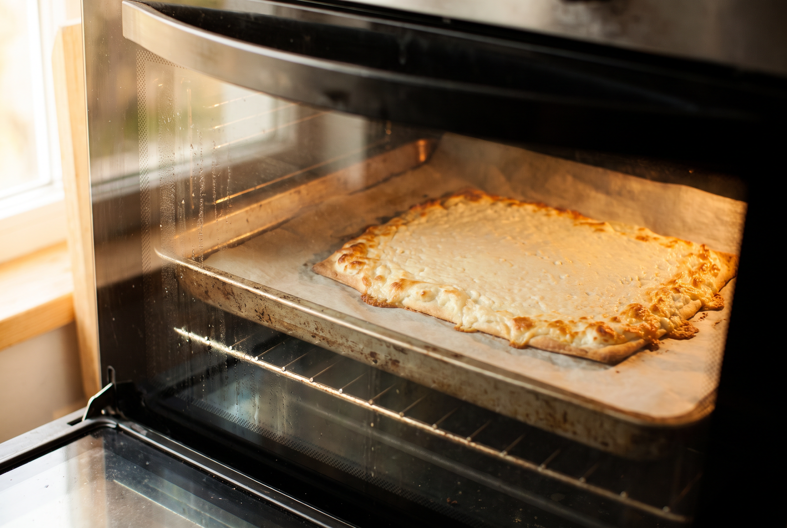 A thin cottage cheese flatbread baking on parchment on a sheet pan with golden brown edges and a set top