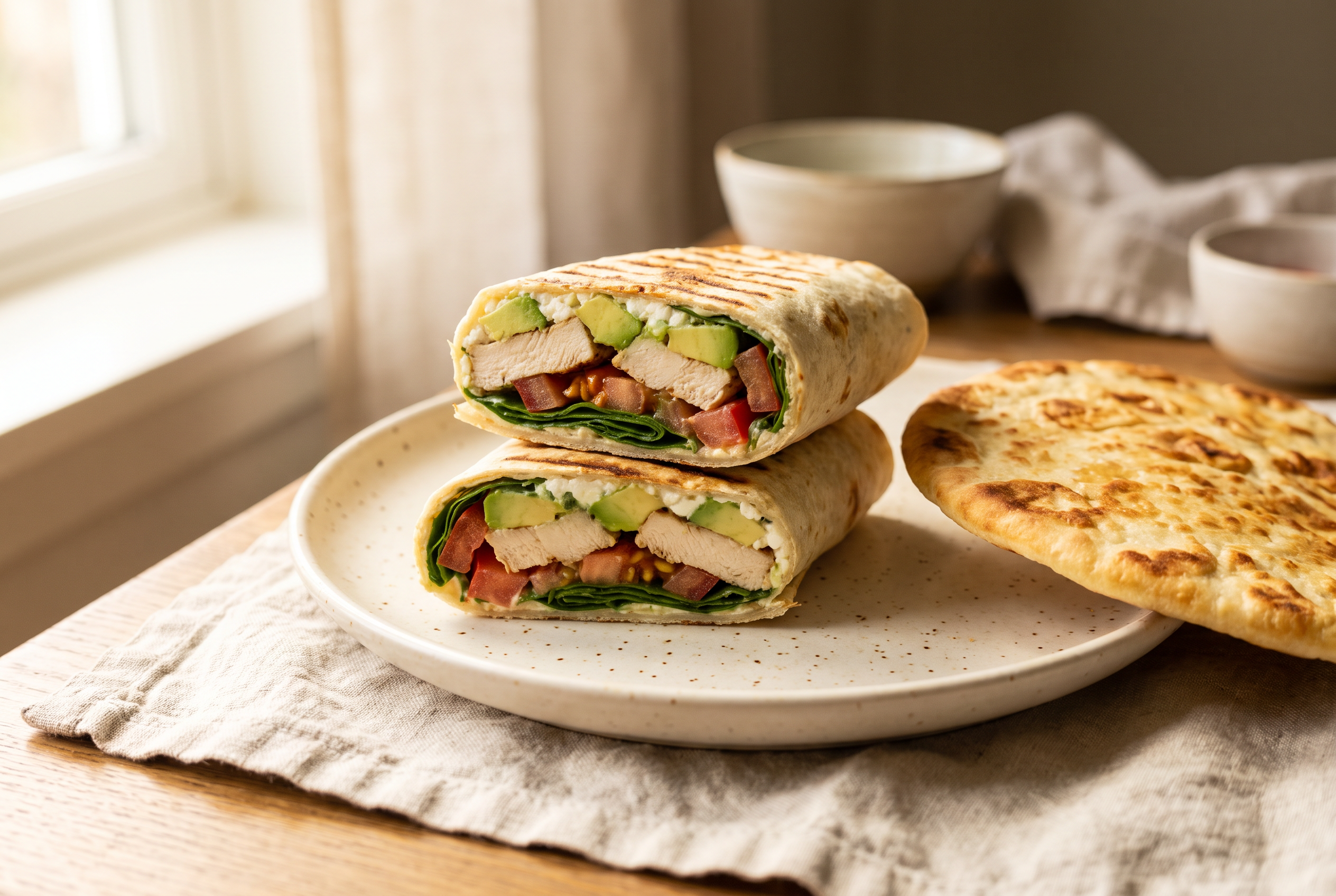 A cottage cheese flatbread wrap sliced in half and stacked on a cream plate showing grilled chicken, avocado, spinach and tomato inside, with a second golden flatbread beside it