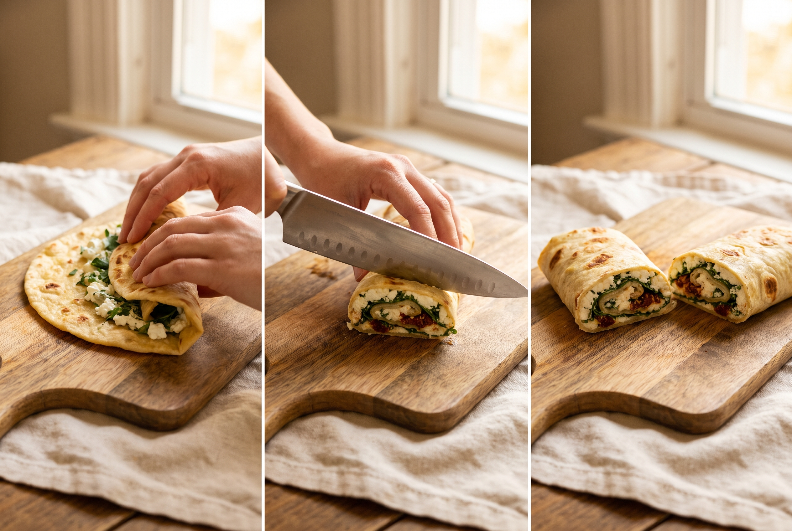 A filled cottage cheese flatbread wrap being rolled tightly and sliced in half on a wooden board with the chicken and avocado filling visible