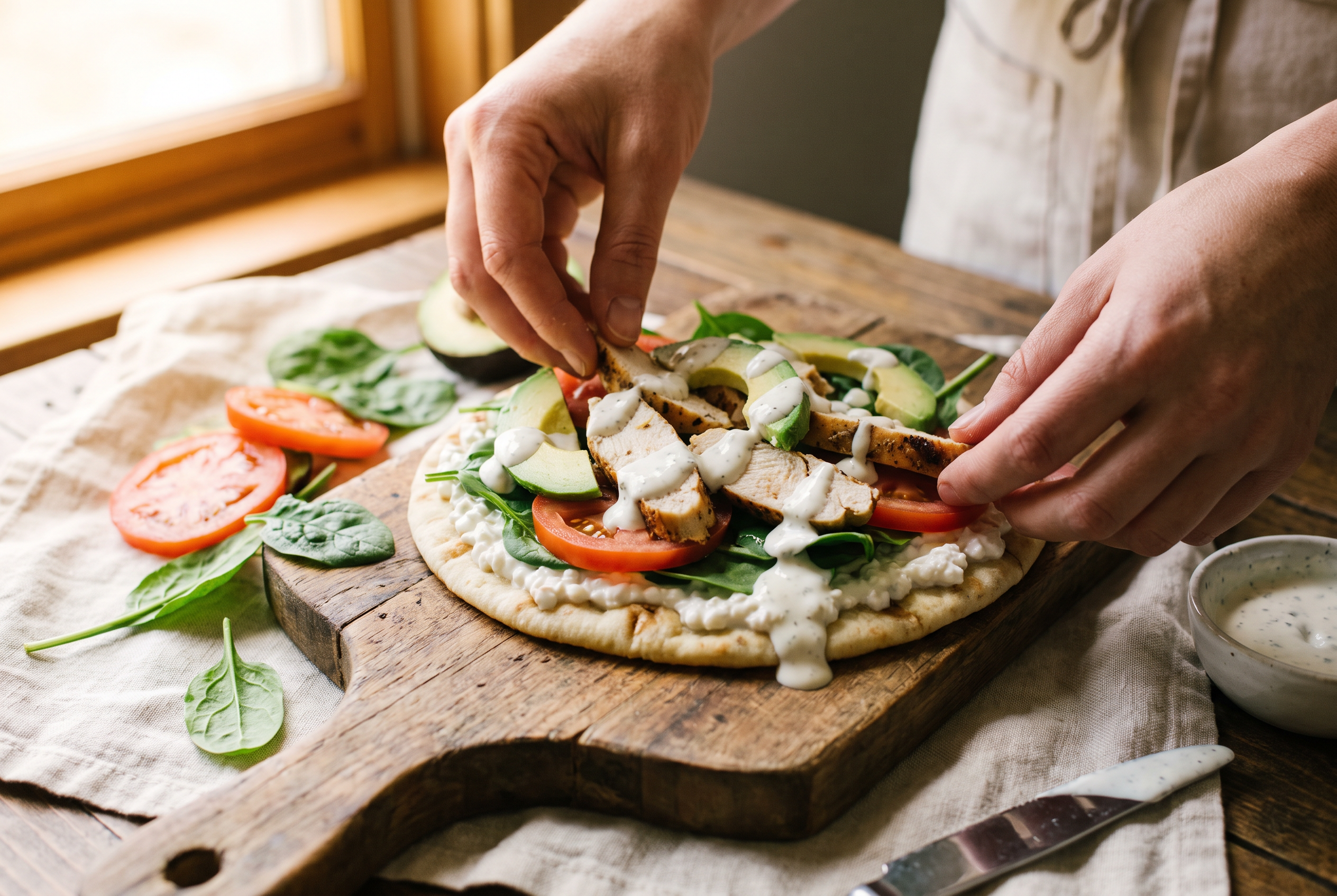 A cottage cheese flatbread on a wooden board being filled with grilled chicken, spinach, tomato, avocado and Greek yogurt ranch