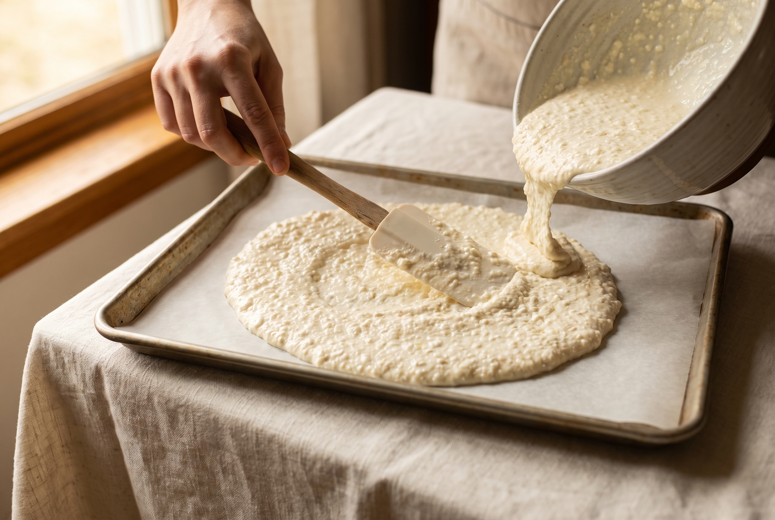 Thin cottage cheese flatbread batter being poured and spread with a spatula into an even rectangle on a parchment-lined sheet pan