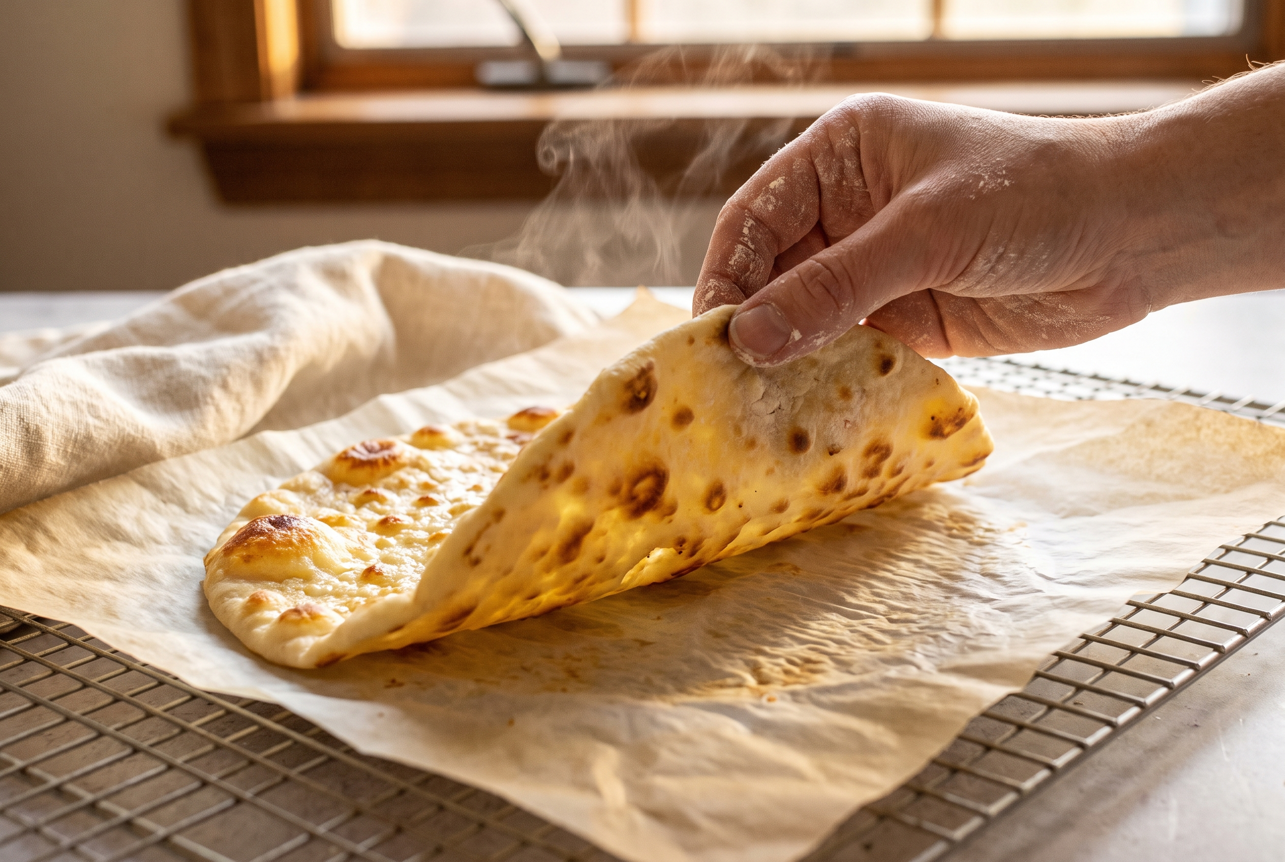 A baked golden cottage cheese flatbread being peeled away from the parchment paper on a cooling rack