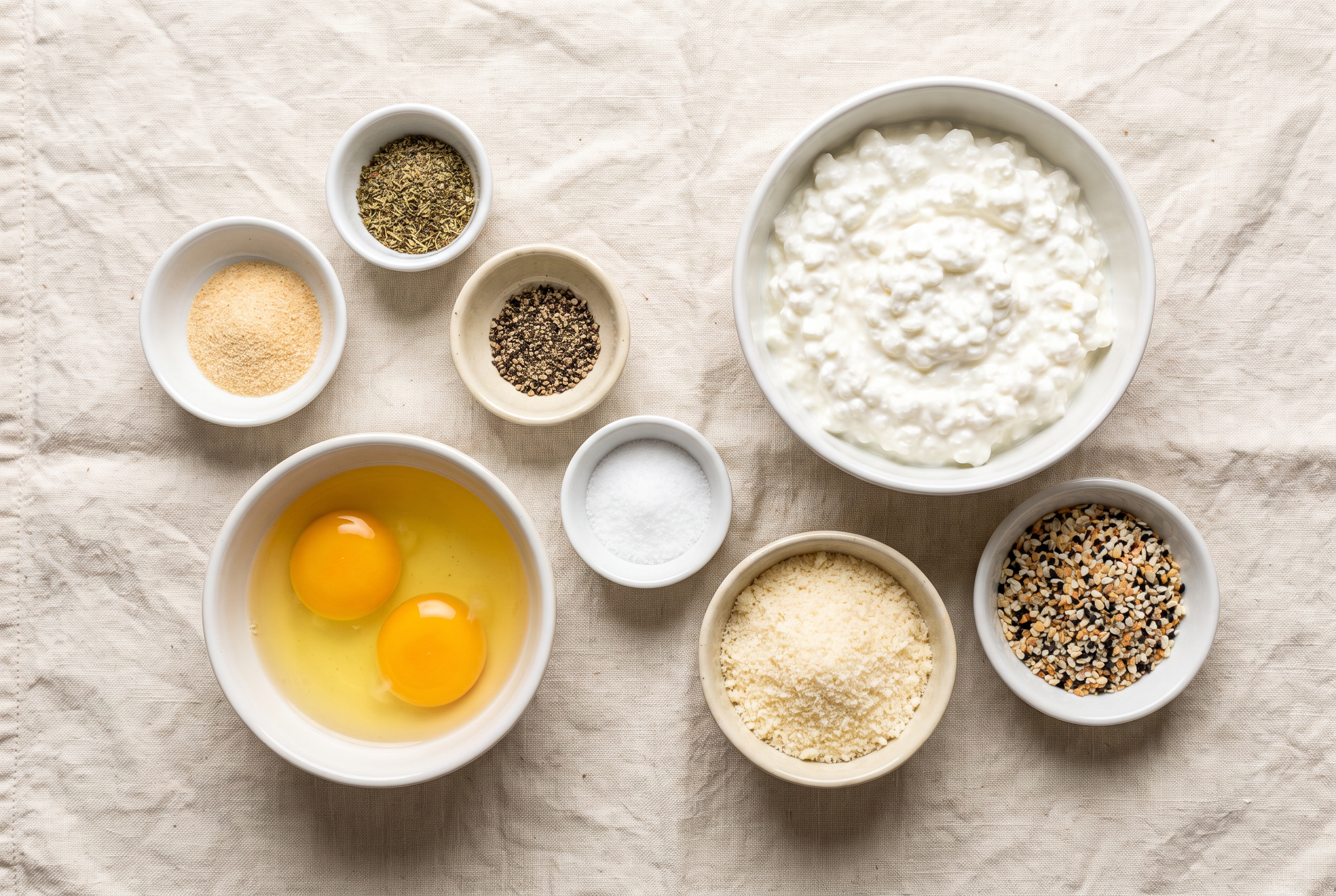 Ingredients for cottage cheese flatbread in small bowls: full-fat cottage cheese, two eggs, garlic powder, Italian seasoning, salt, pepper, grated parmesan and everything bagel seasoning