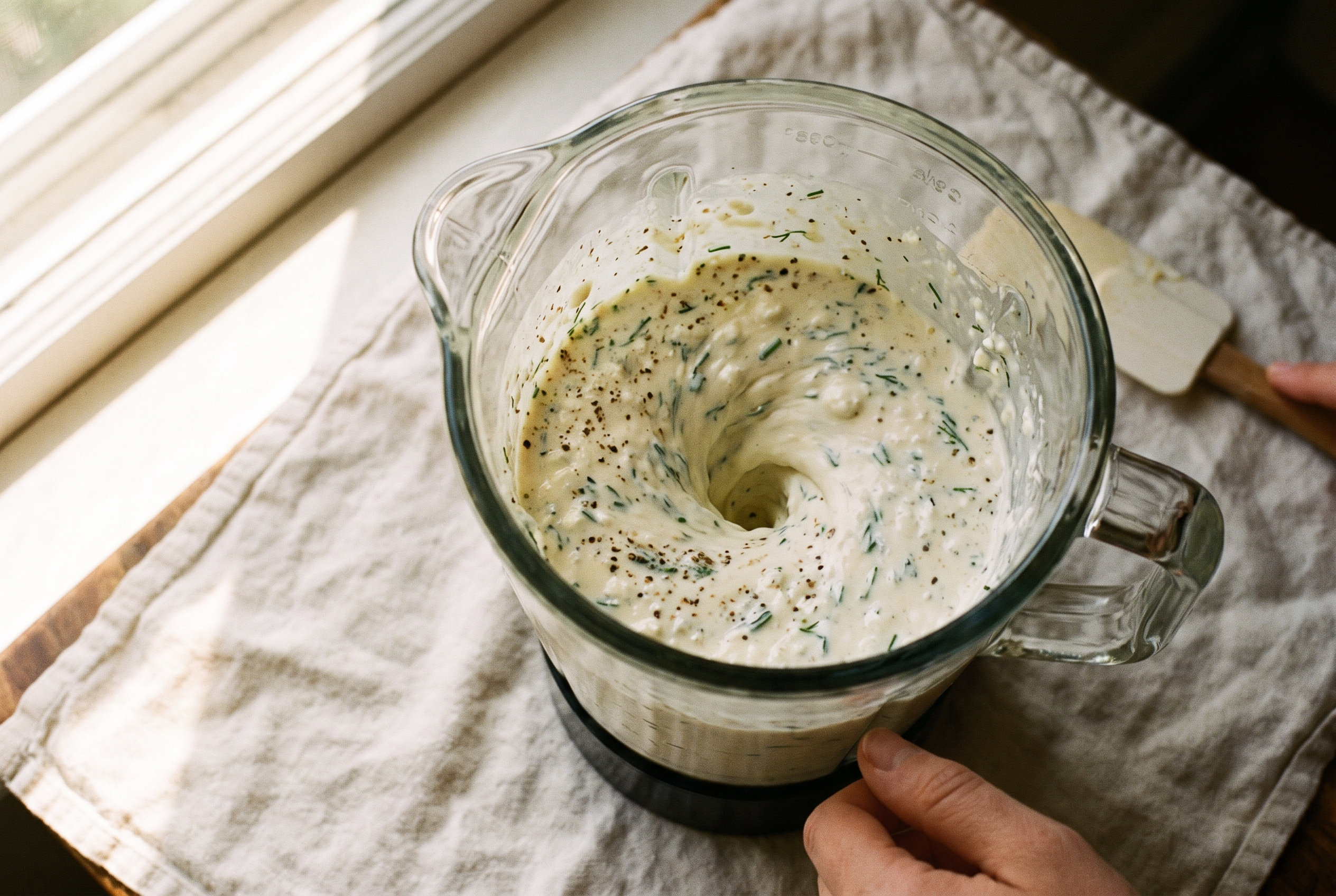 Cottage cheese, eggs and seasonings blended smooth in a blender into a pale creamy batter