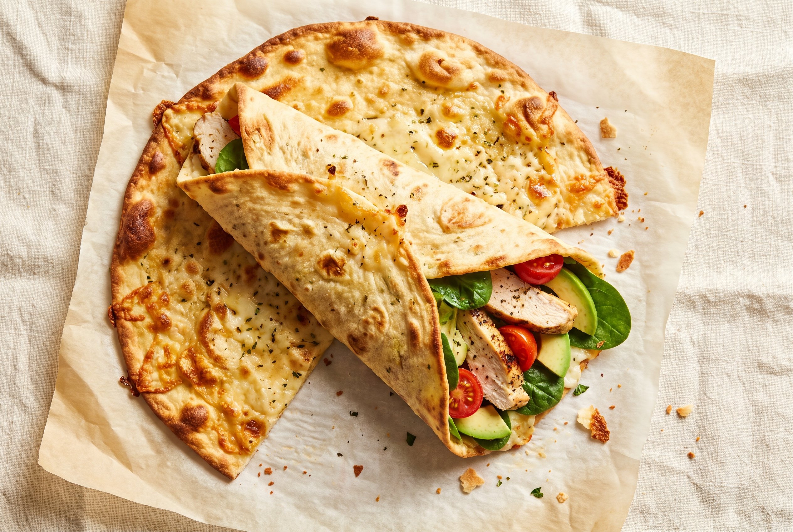 High protein cottage cheese flatbread baked golden on parchment, one half rolled into a wrap filled with grilled chicken, avocado, spinach and tomato