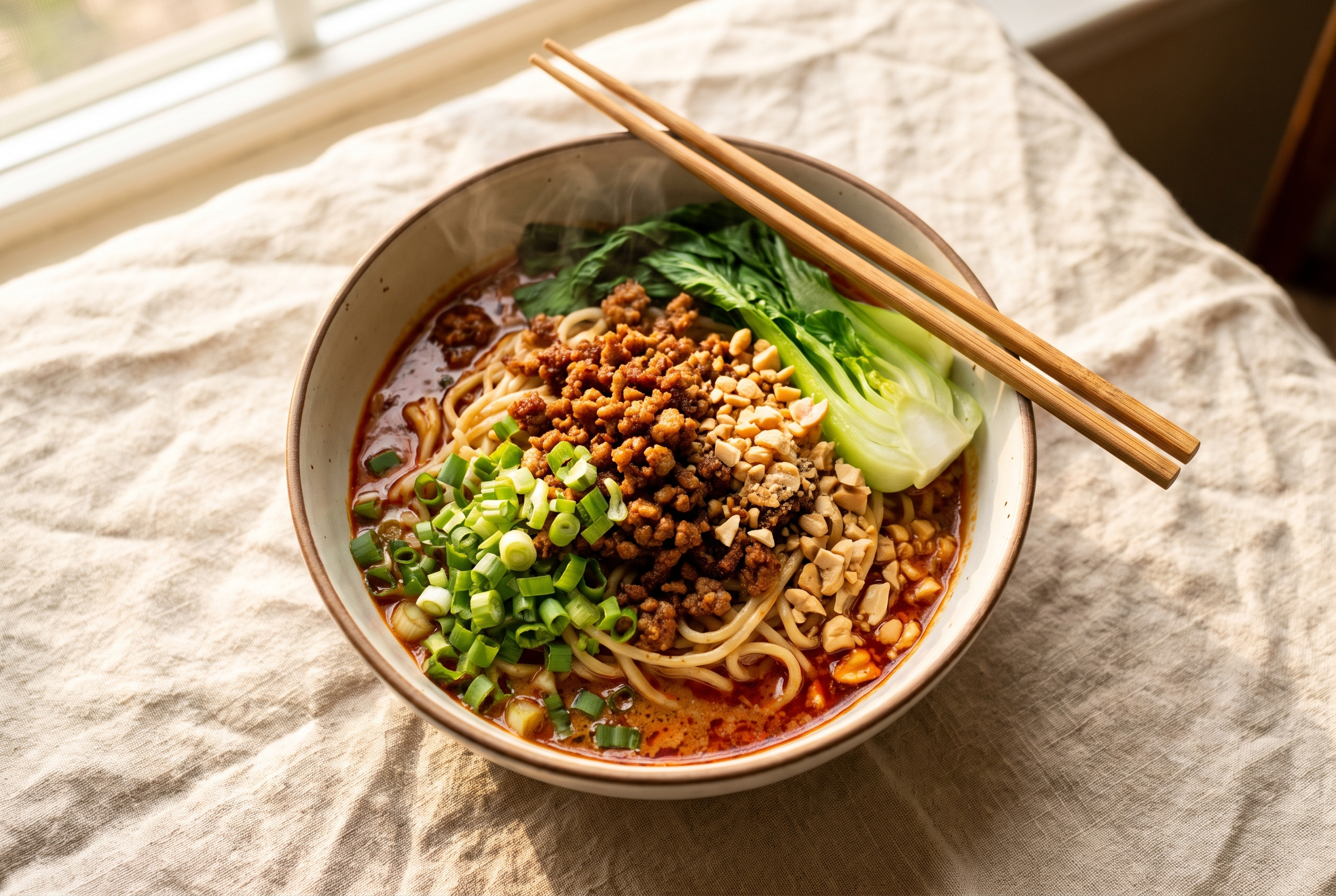 A bowl of easy dan dan noodles with spicy sesame chili sauce, crispy ground pork, chopped scallions, crushed peanuts and wilted greens, with chopsticks resting on the bowl