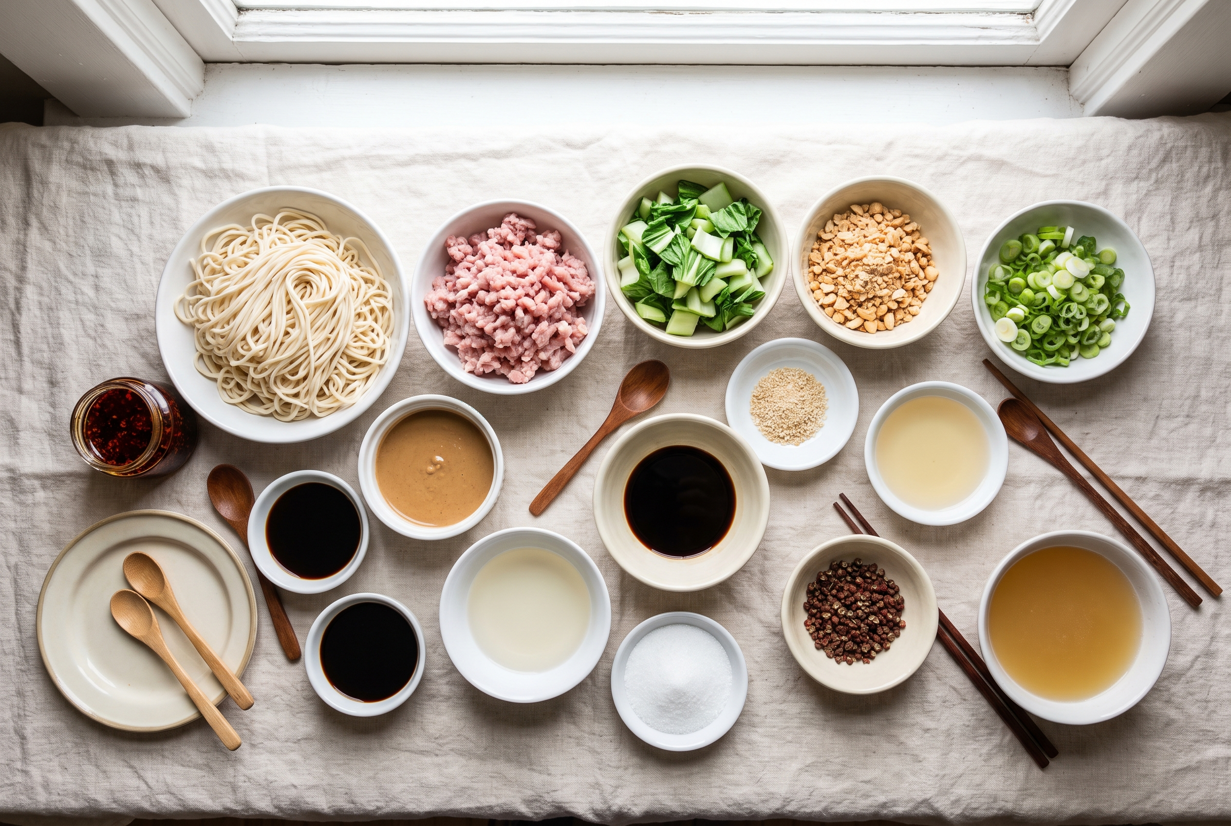 Ingredients for dan dan noodles in small bowls: ground pork, minced garlic and ginger, sesame paste, soy sauce, chili oil, black vinegar, Sichuan peppercorns, fresh wheat noodles, baby bok choy, scallions and roasted peanuts