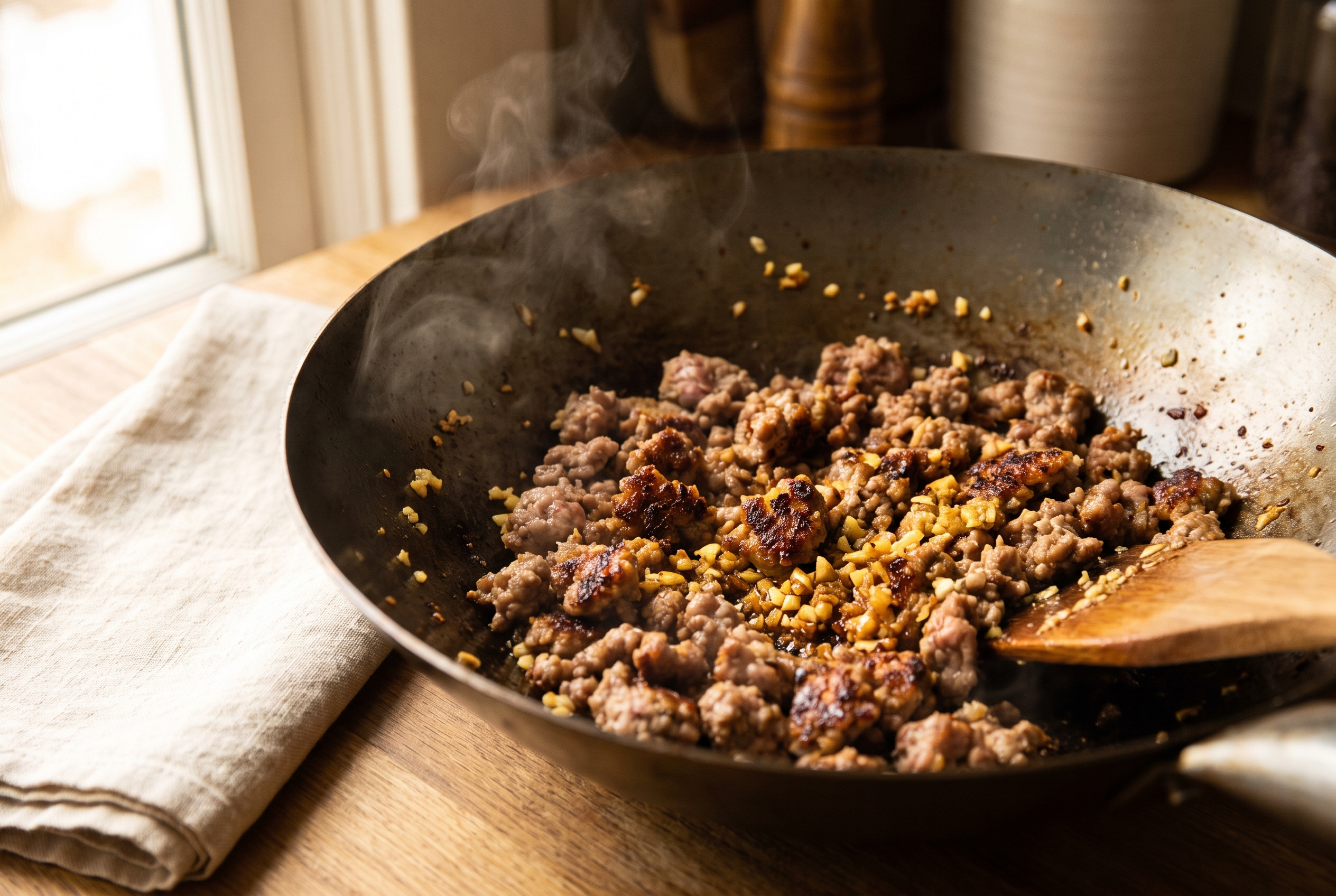 Ground pork sizzling in a wok with minced garlic and ginger until crispy and browned