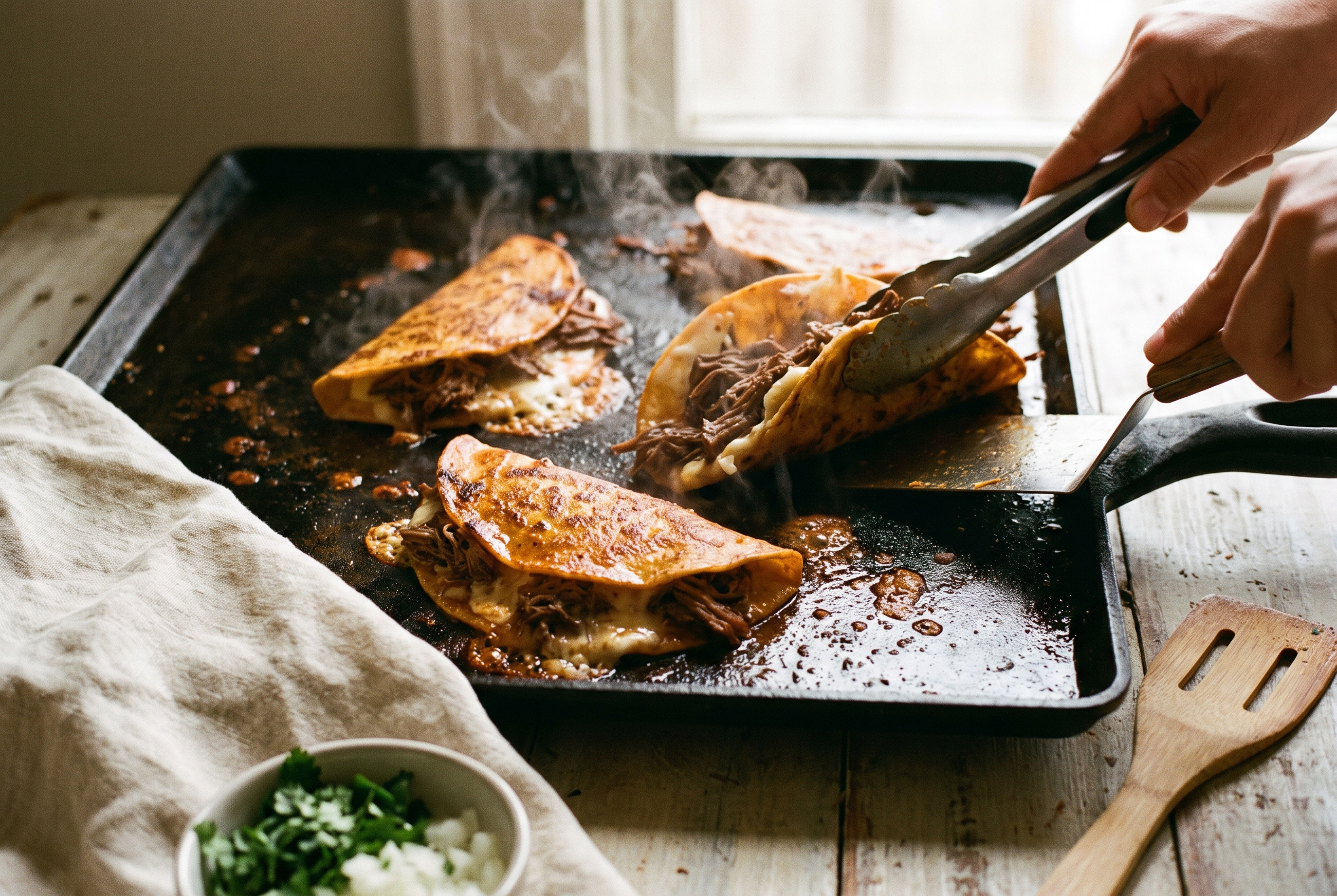 Dipped red tortillas frying on a griddle with shredded beef and Oaxaca cheese piled on top