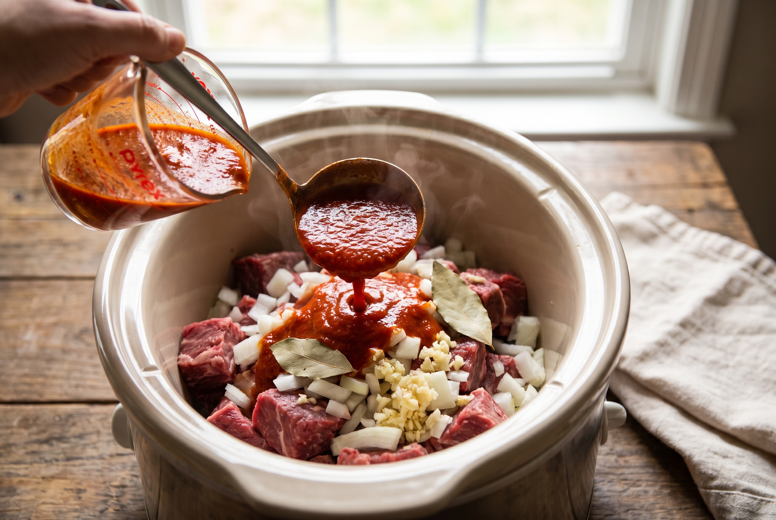 Blended red chile sauce being poured over beef chuck chunks in a slow cooker with onion, garlic and bay leaves