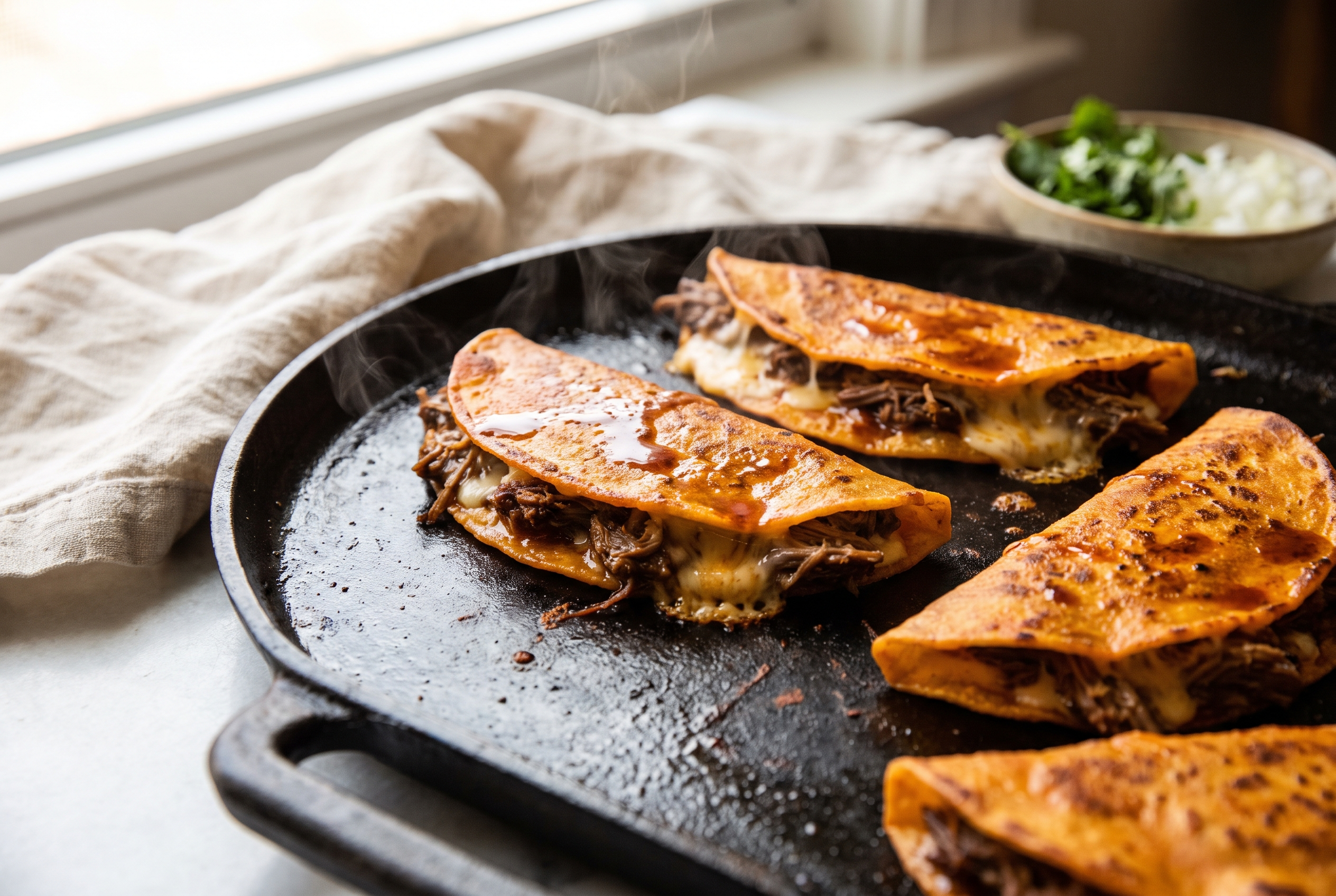 Folded birria tacos crisping golden-red on a cast iron griddle