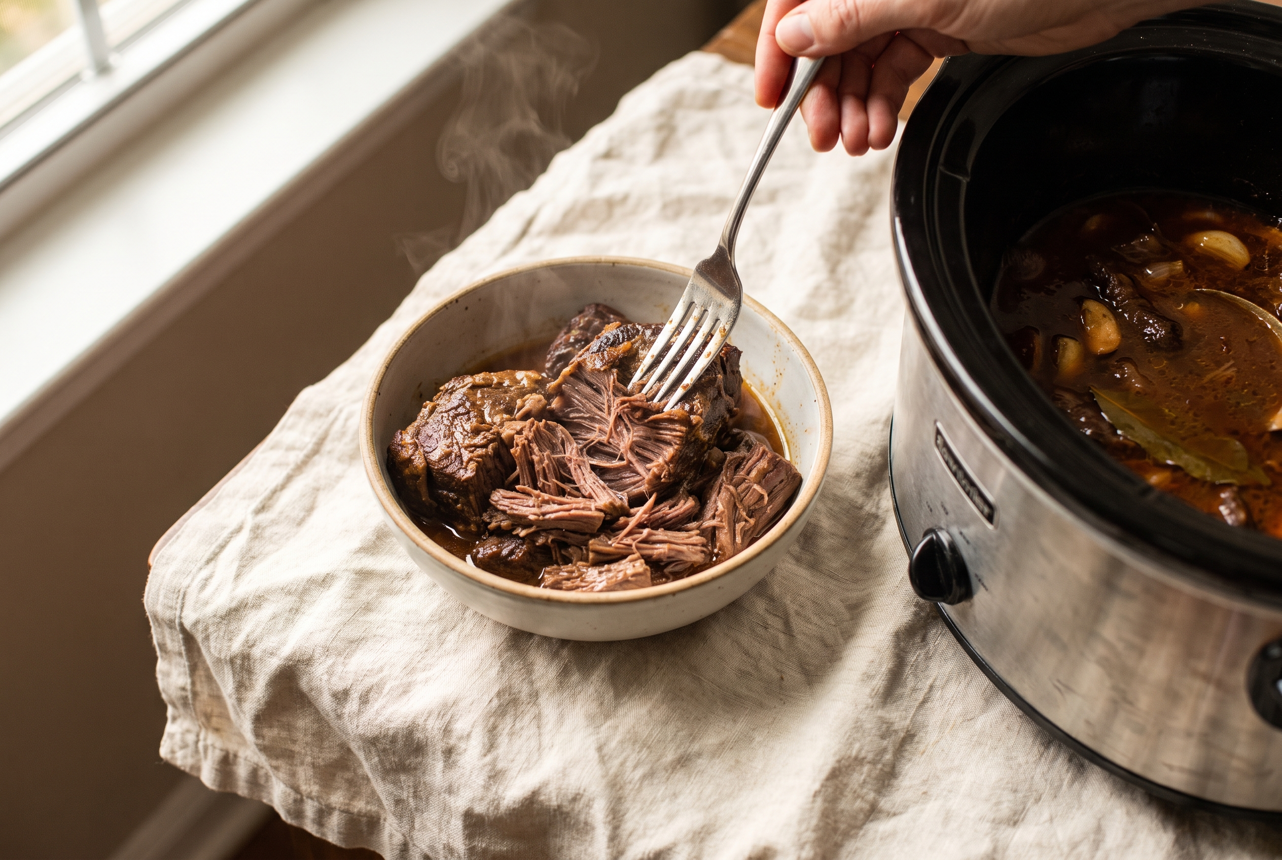 A fork shredding tender braised birria beef in a bowl next to the slow cooker