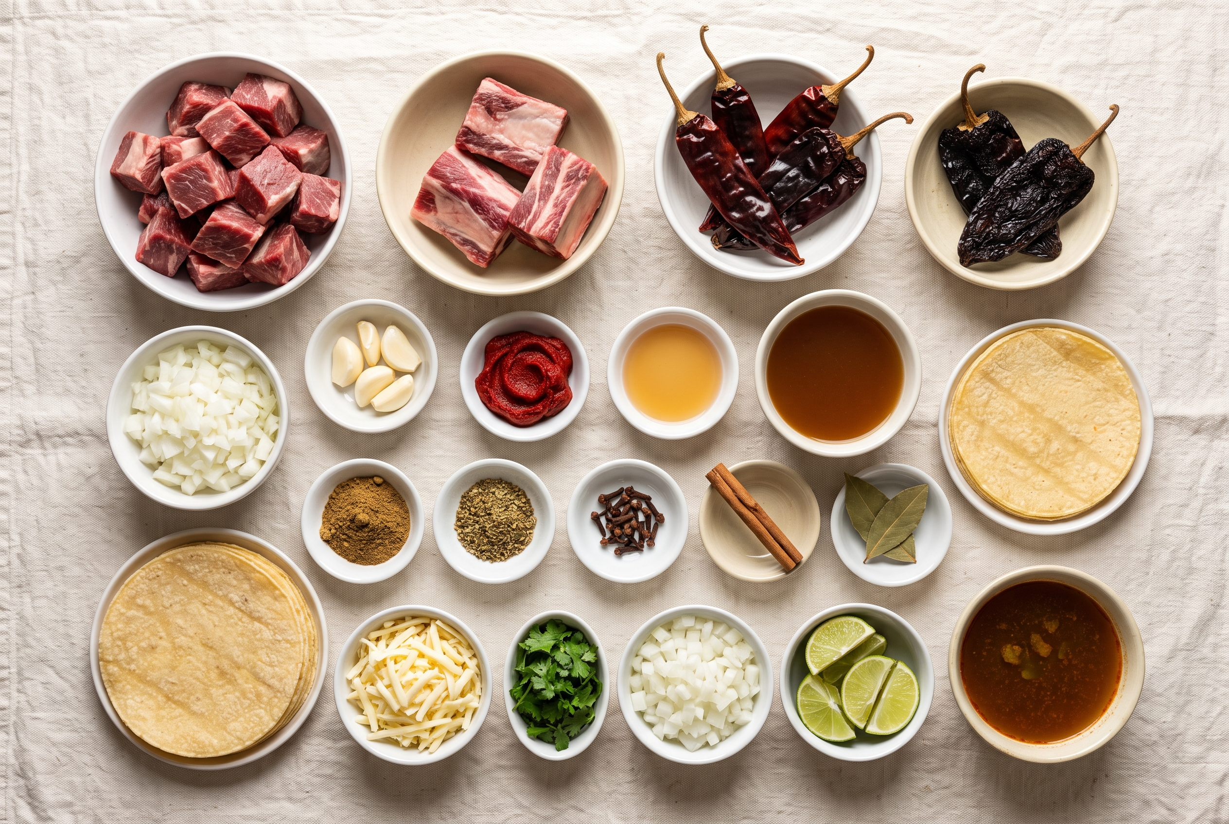 Ingredients for birria tacos in small bowls: beef chuck chunks, dried guajillo and ancho chiles, onion, garlic, crushed tomatoes, beef broth, spices, bay leaves, corn tortillas, shredded Oaxaca cheese, cilantro and limes