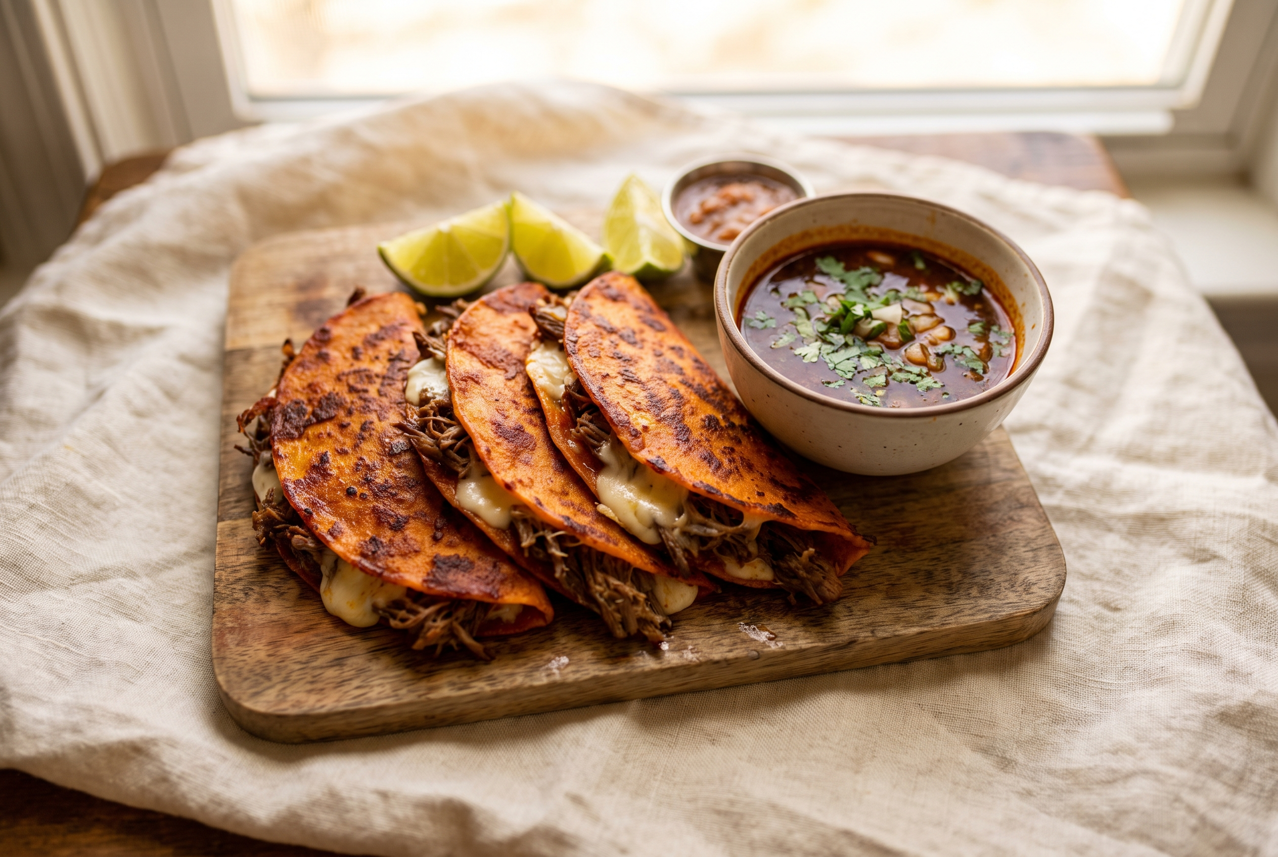 Slow cooker birria tacos with crispy red-stained griddled tortillas folded over shredded beef and melted Oaxaca cheese, a small bowl of dark red consommé with cilantro and onion for dipping, and lime wedges