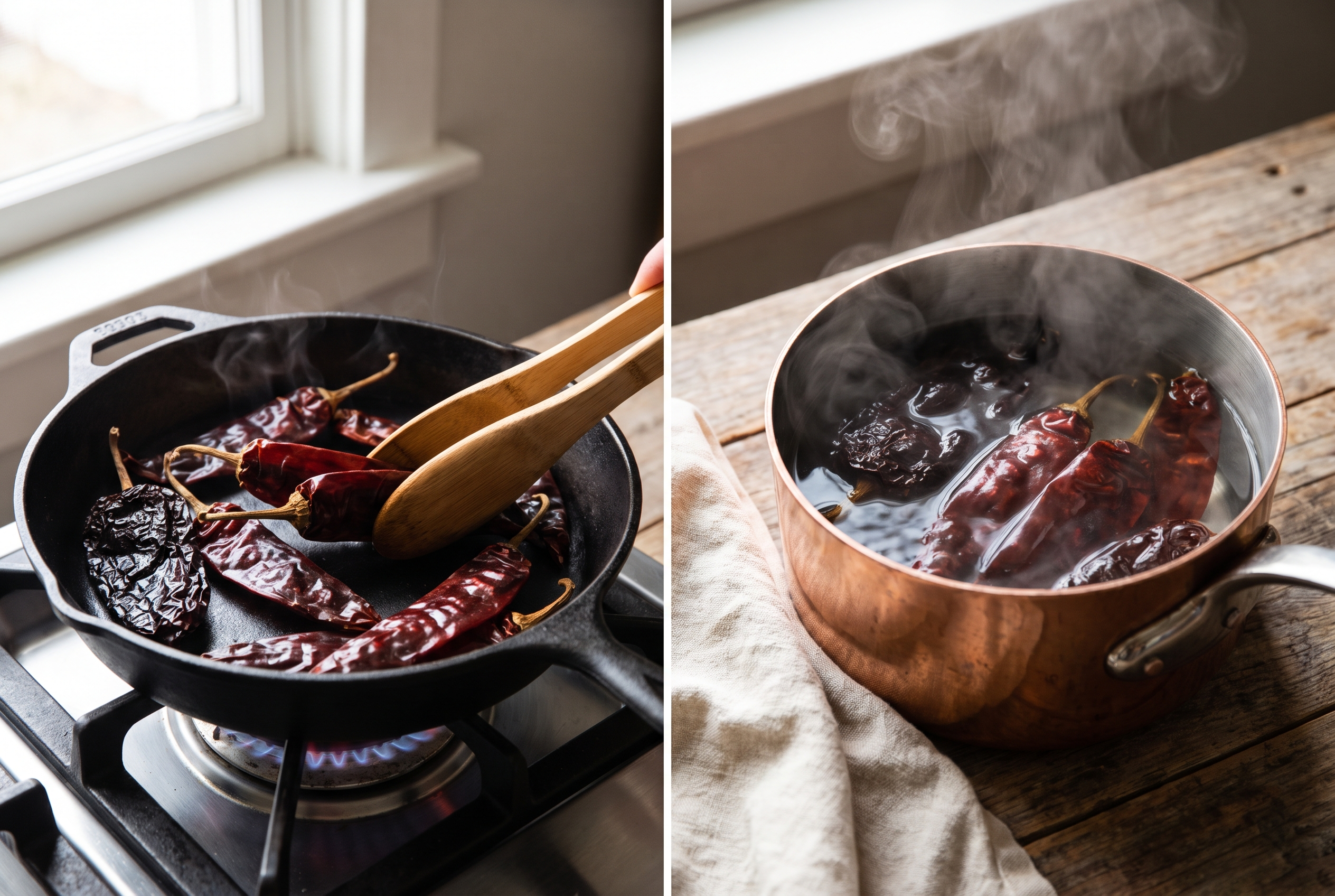 Dried guajillo and ancho chiles being toasted and then soaking in a saucepan of hot water